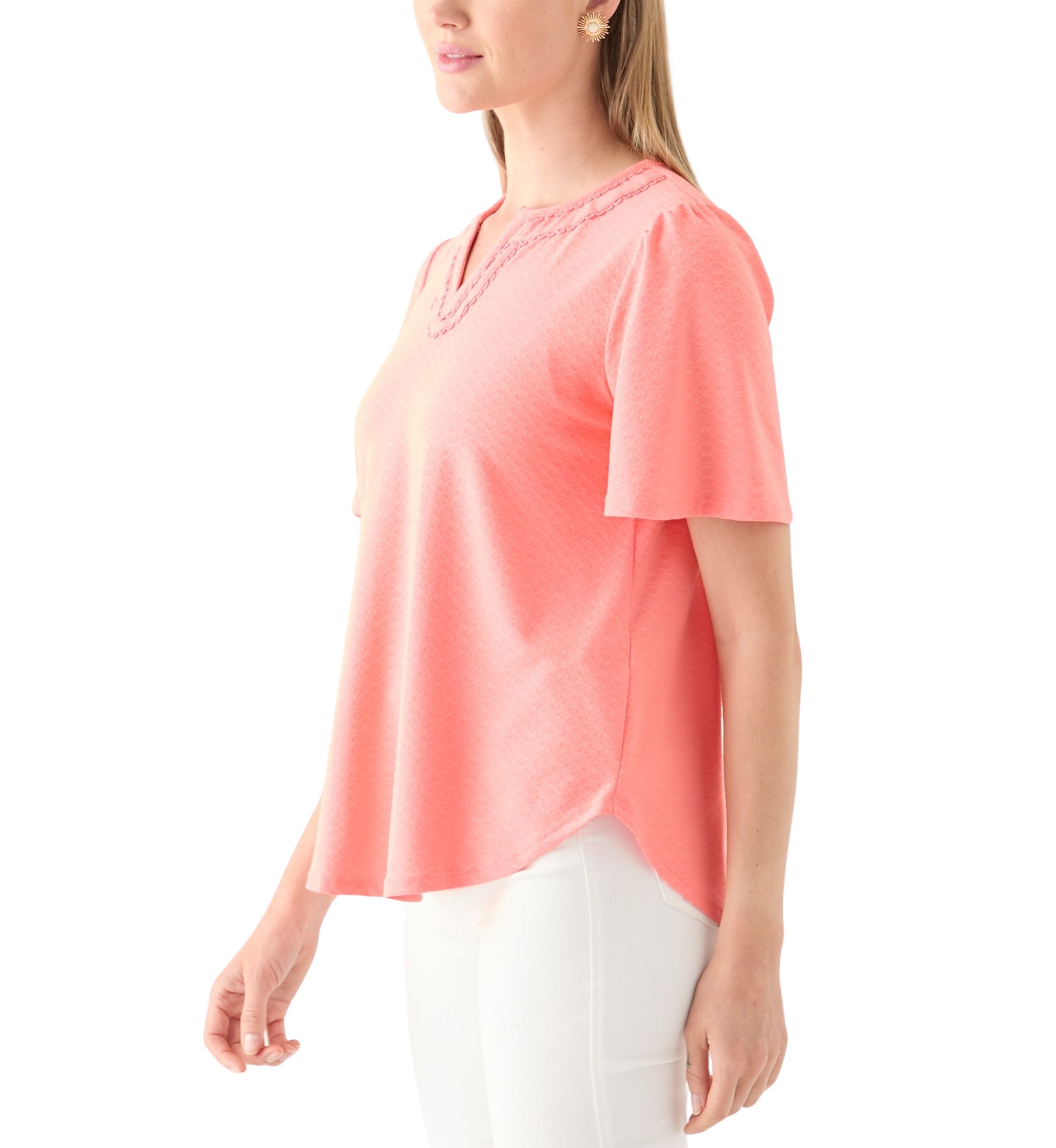 Petite Split Neck Texture Solid Knit Top With Short Ruffle Sleeves