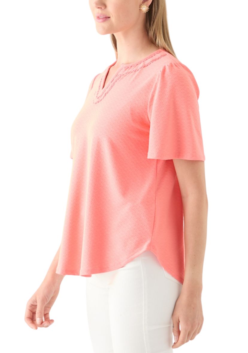 Petite Split Neck Texture Solid Knit Top With Short Ruffle Sleeves
