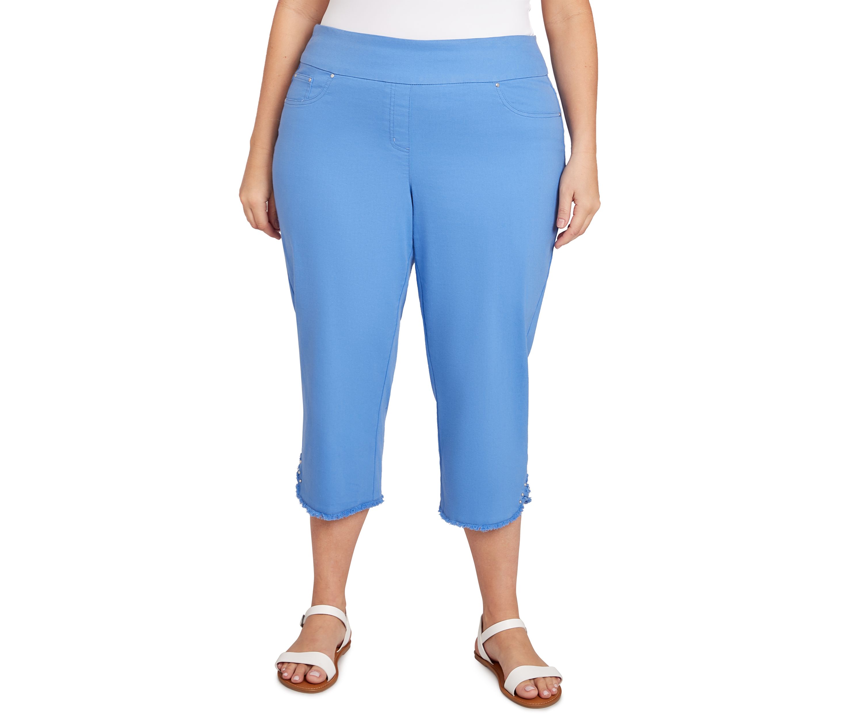 Plus Size Pull-On Stretch Denim Lace Hem Capri Pants
