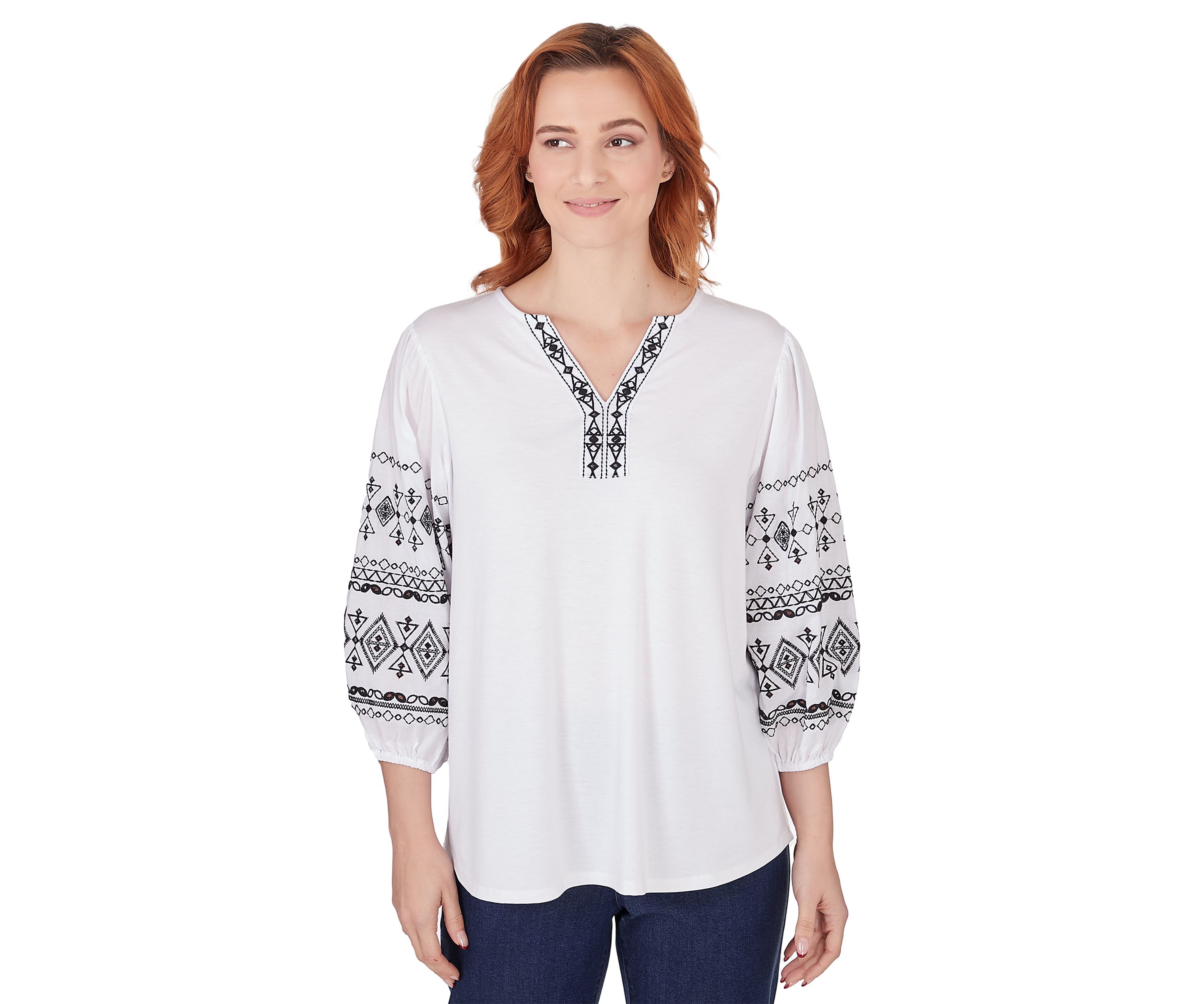 Womens Embroidered Solid Knit Top