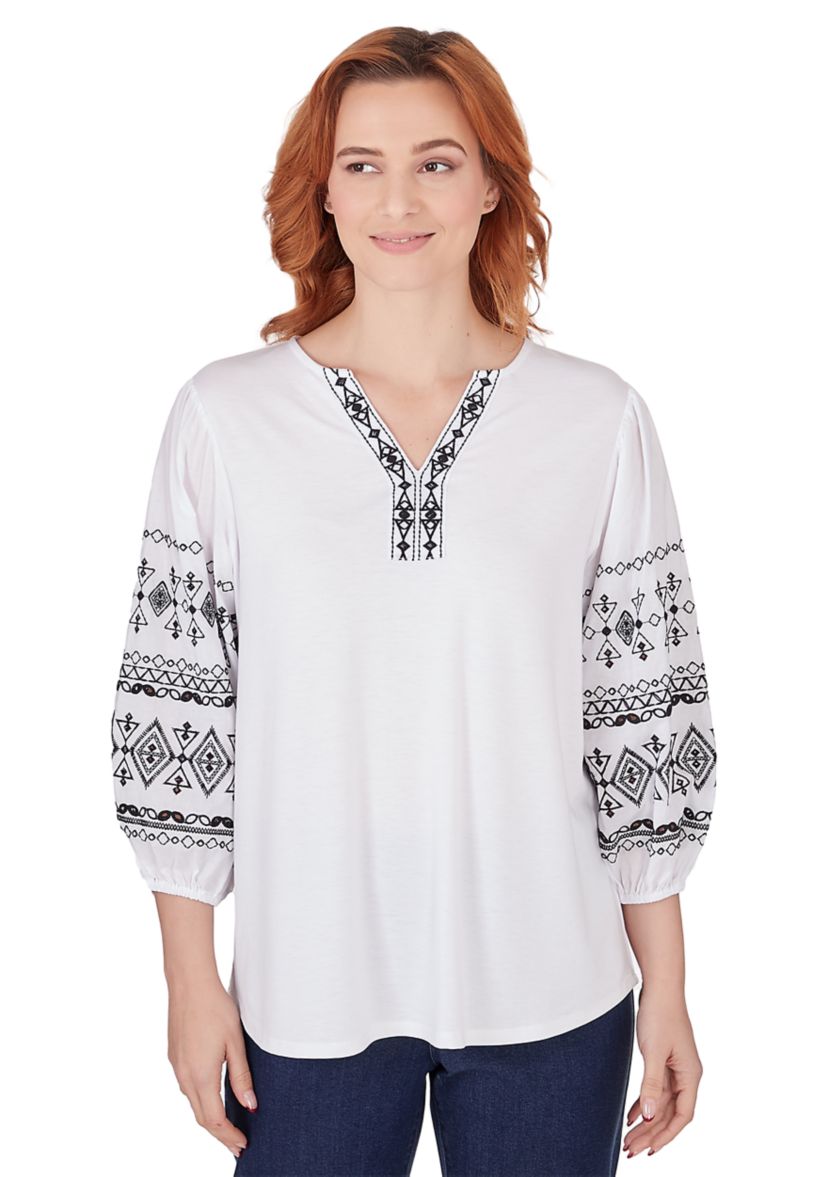 Womens Embroidered Solid Knit Top