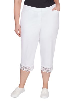 Ruby Rd Women's Plus Size Stretch Lace Hem Capri Pants, White, 16W Short -  0197177202440