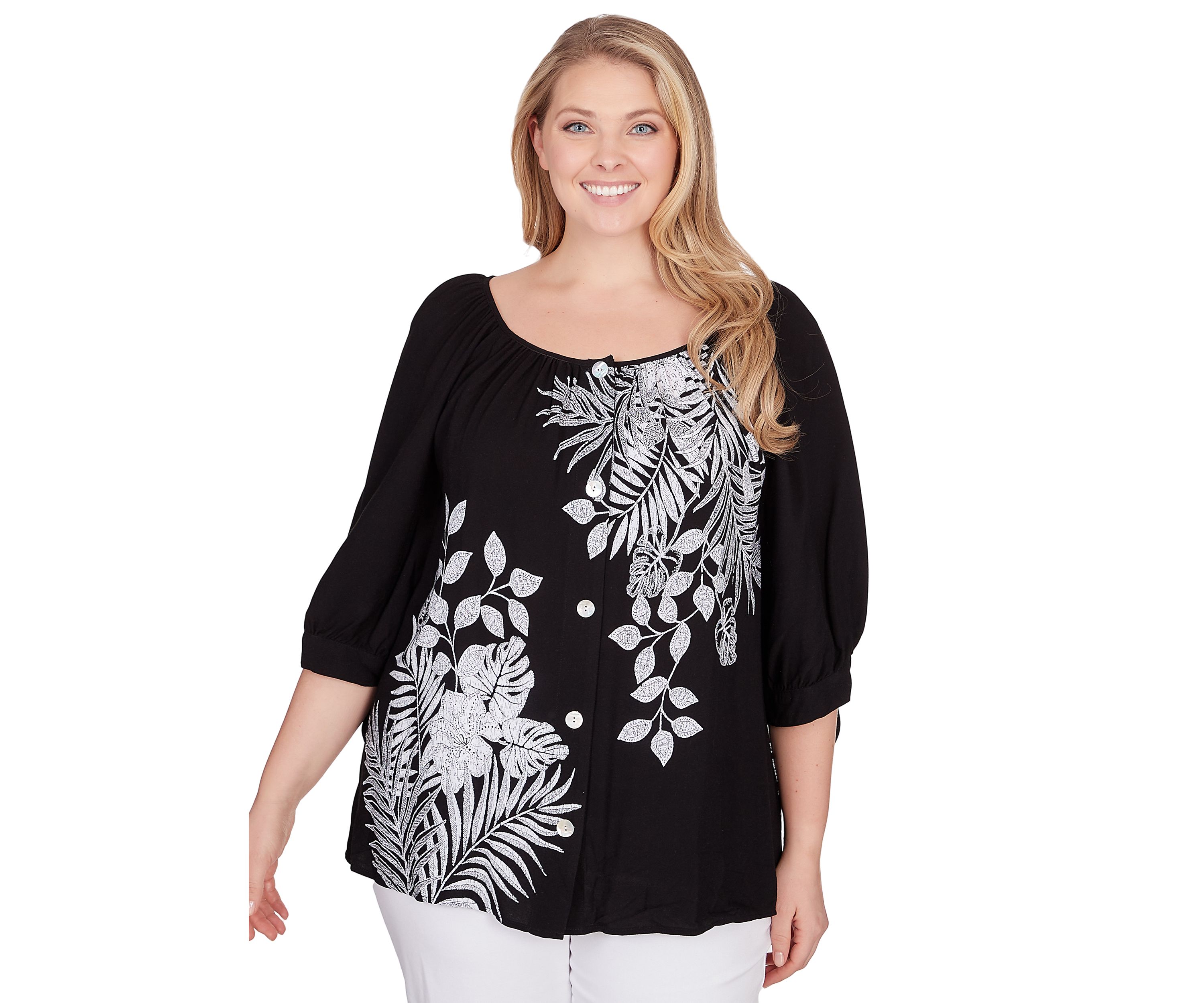 Plus Size Tropical Print Crepe Top with Ties