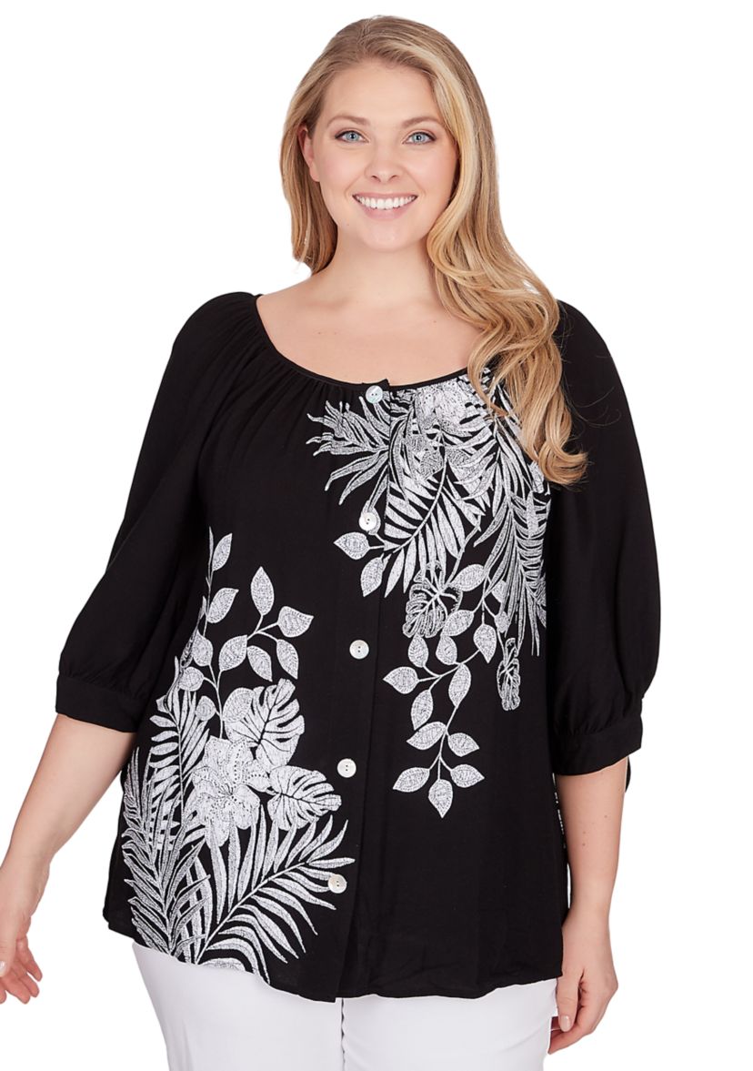Plus Size Tropical Print Crepe Top with Ties