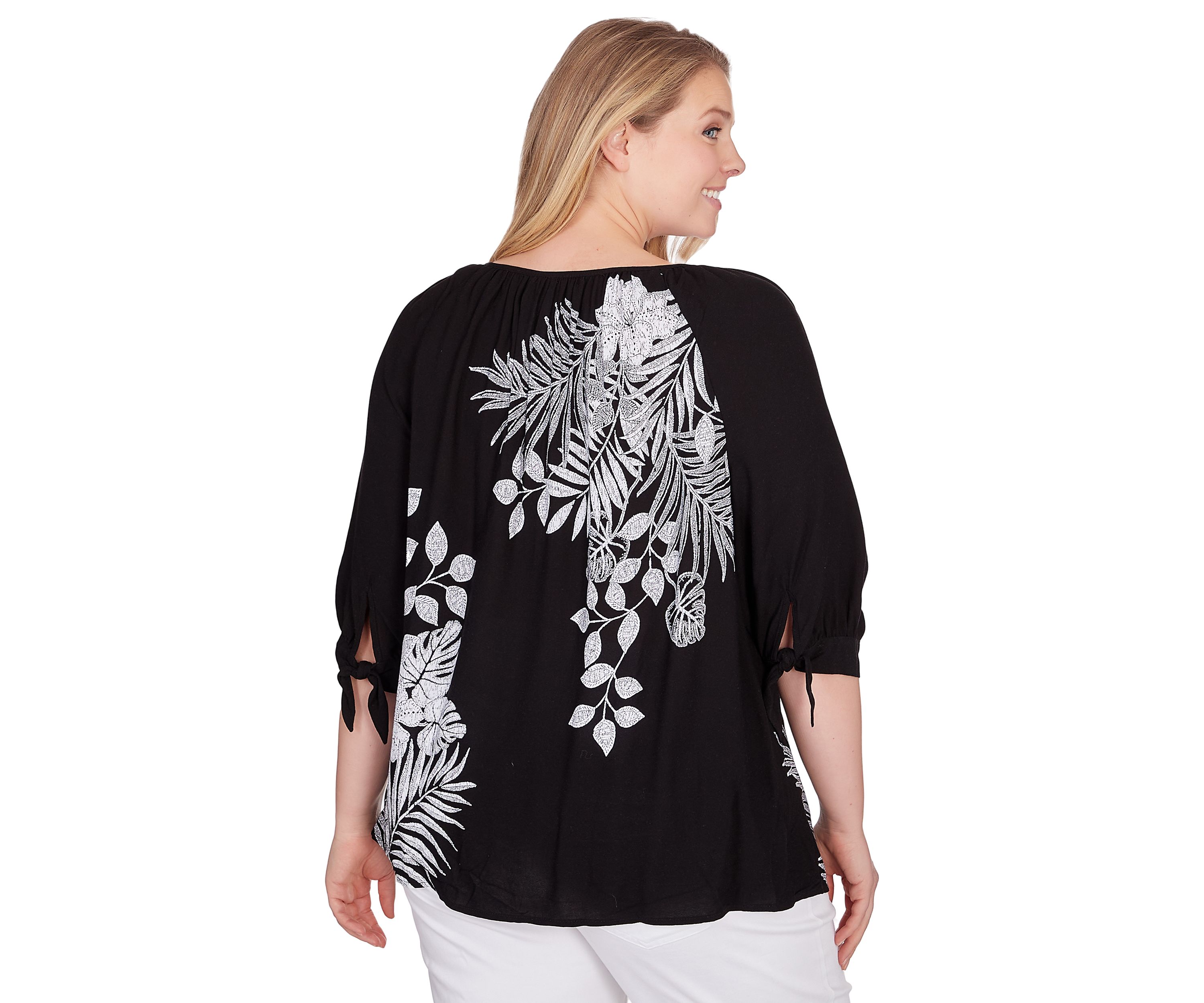 Plus Size Tropical Print Crepe Top with Ties