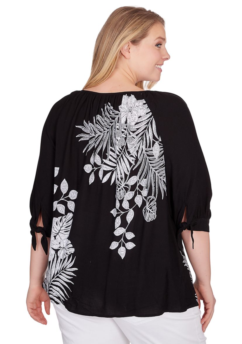 Plus Size Tropical Print Crepe Top with Ties