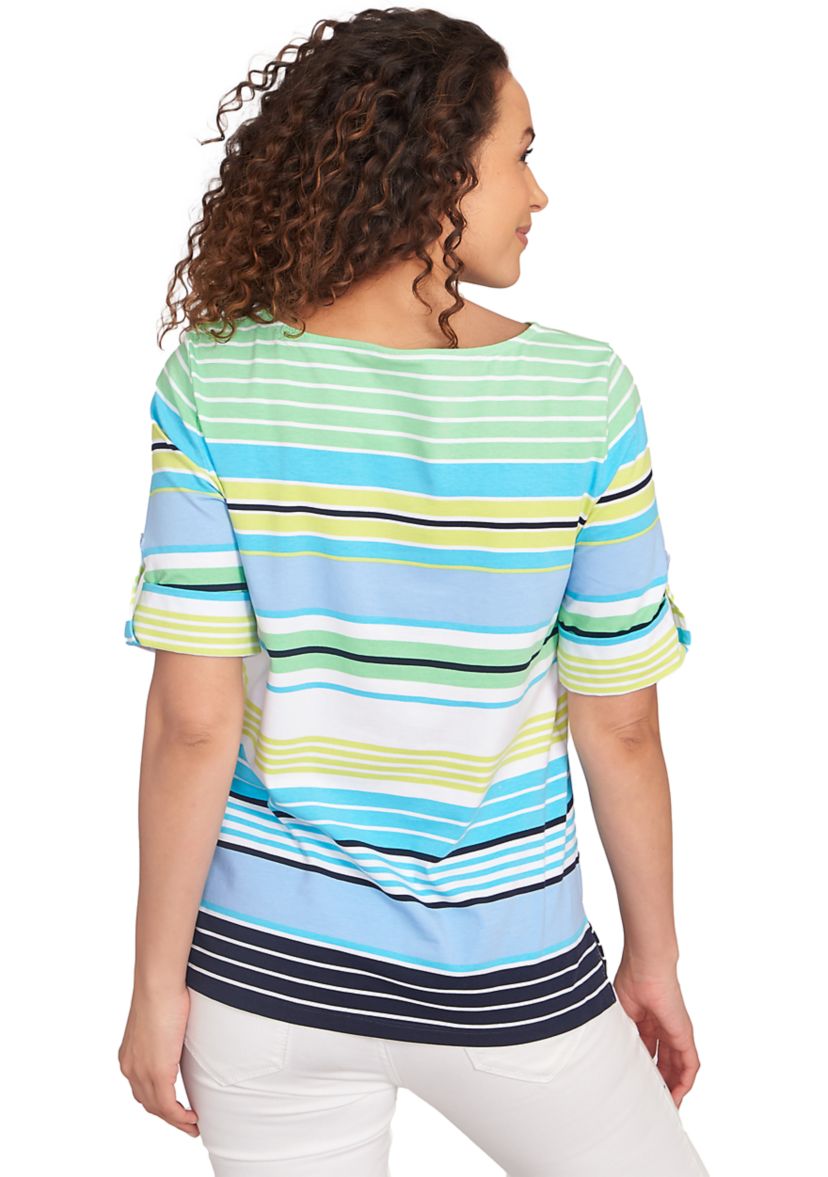 Womens Multi Stripe Roll Tab Sleeve T-Shirt