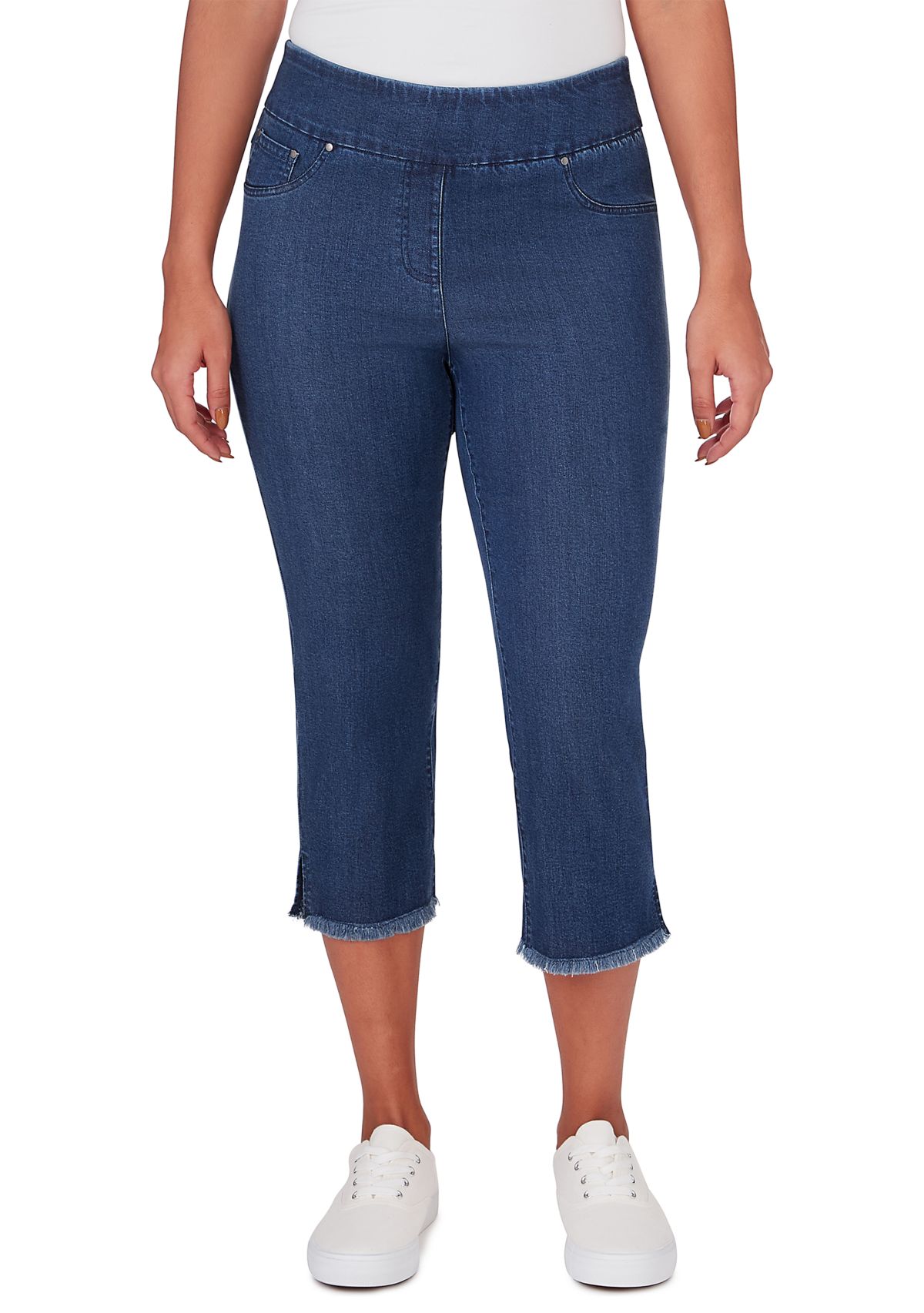 Womens Pull On Tencel Denim Capris with Fringe Hem