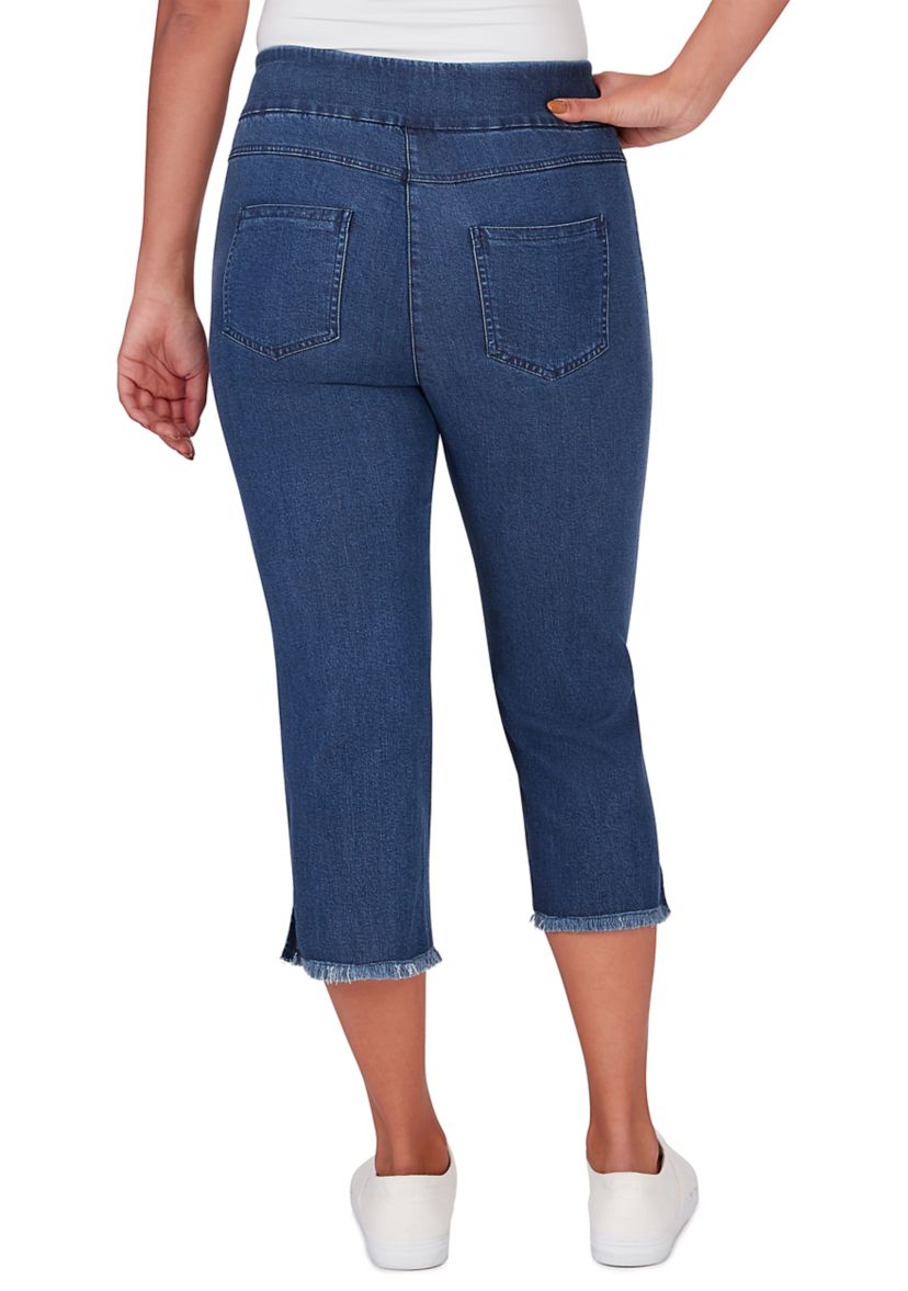 Womens Pull On Tencel Denim Capris with Fringe Hem