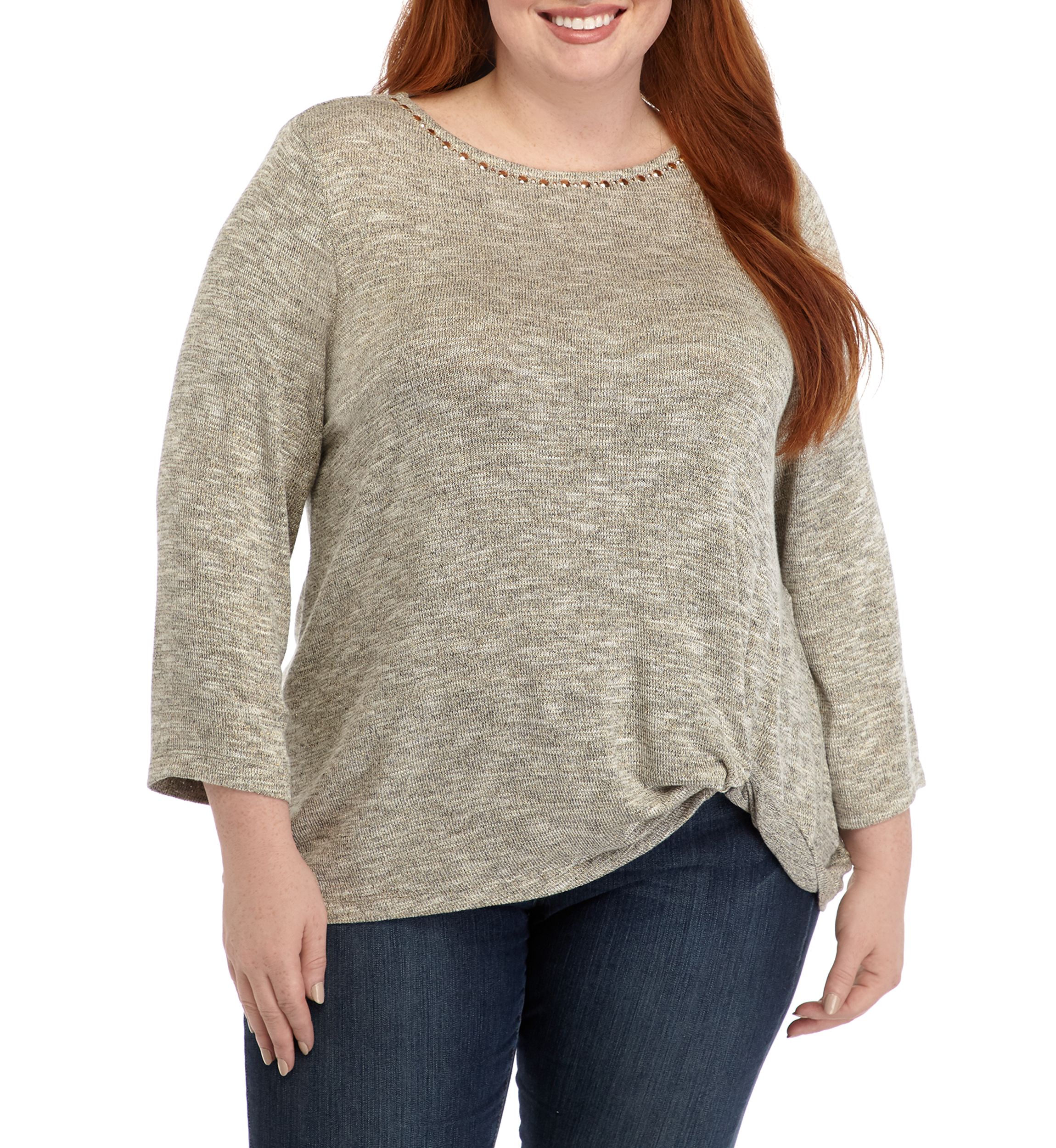 Plus Size Embroidered Metallic Jersey Front Knot Top 