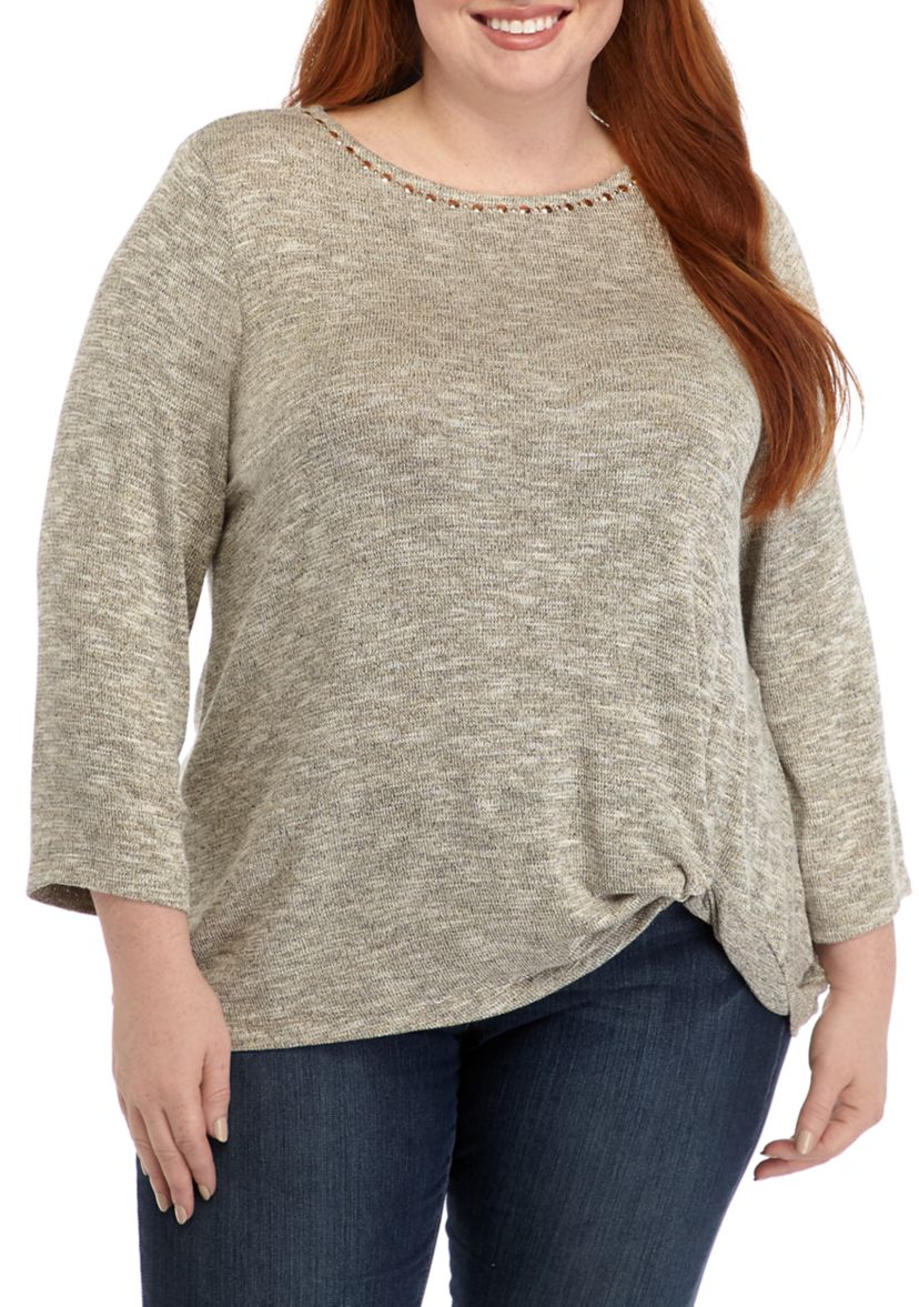 Plus Size Embroidered Metallic Jersey Front Knot Top 