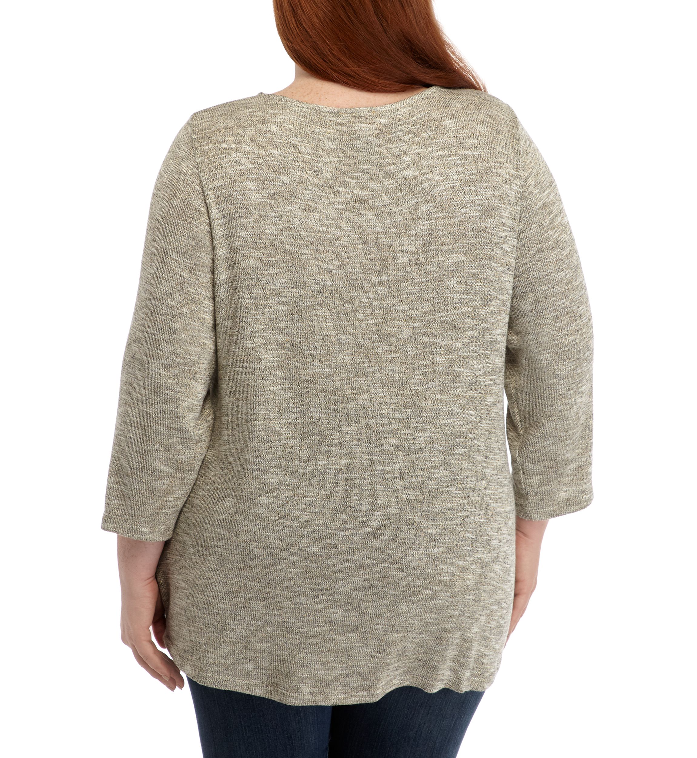 Plus Size Embroidered Metallic Jersey Front Knot Top 