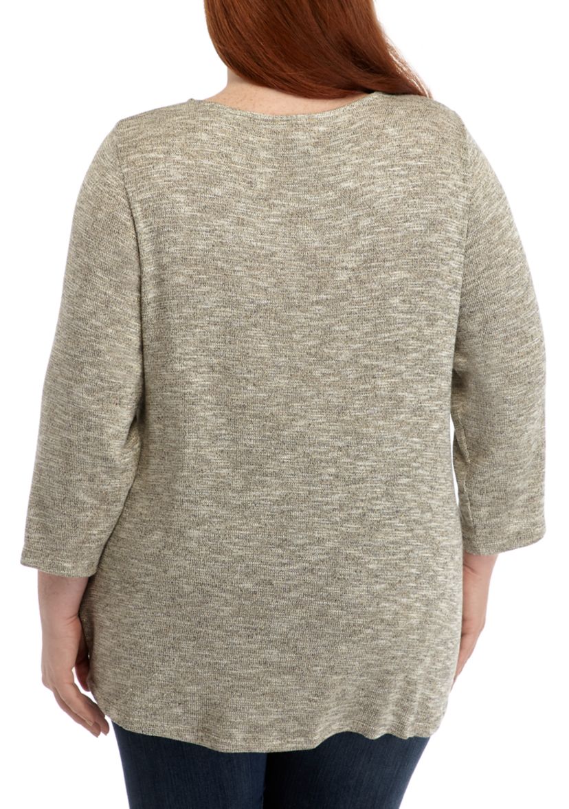 Plus Size Embroidered Metallic Jersey Front Knot Top 