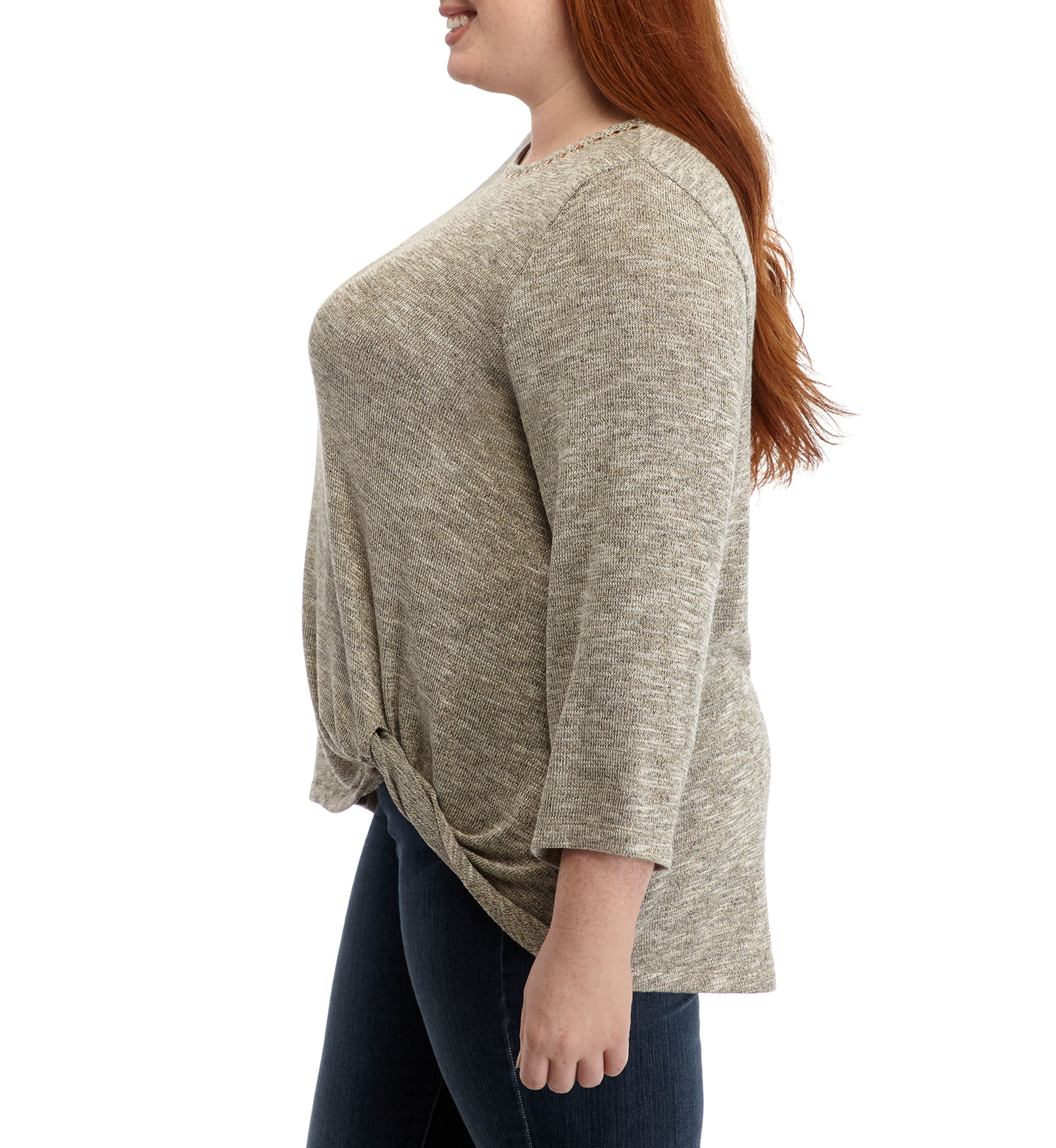 Plus Size Embroidered Metallic Jersey Front Knot Top 