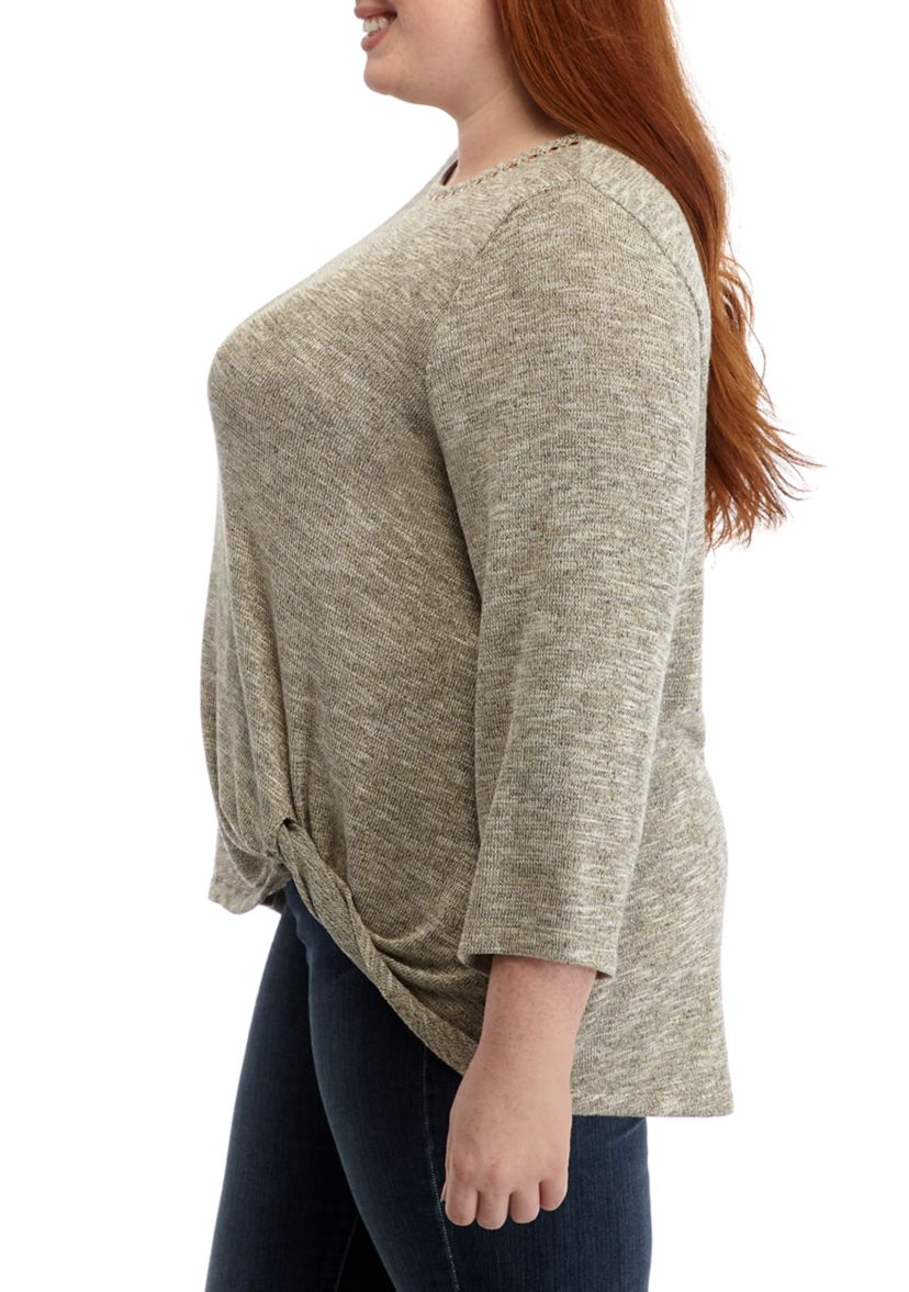 Plus Size Embroidered Metallic Jersey Front Knot Top 