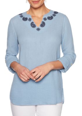 Ruby Rd Women's Must Haves Embroidered Split Neck Gauze Top | belk