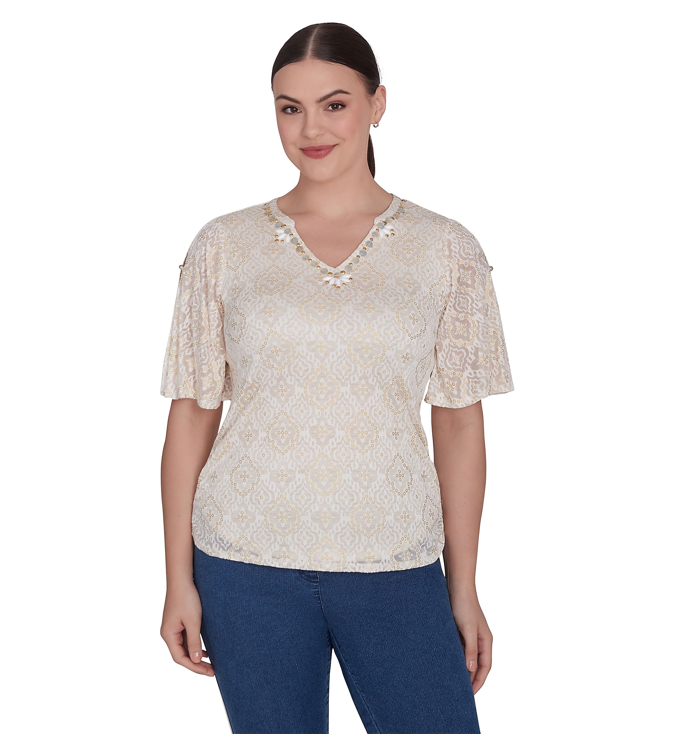 Womens Foil Printed Burnout Knit Top