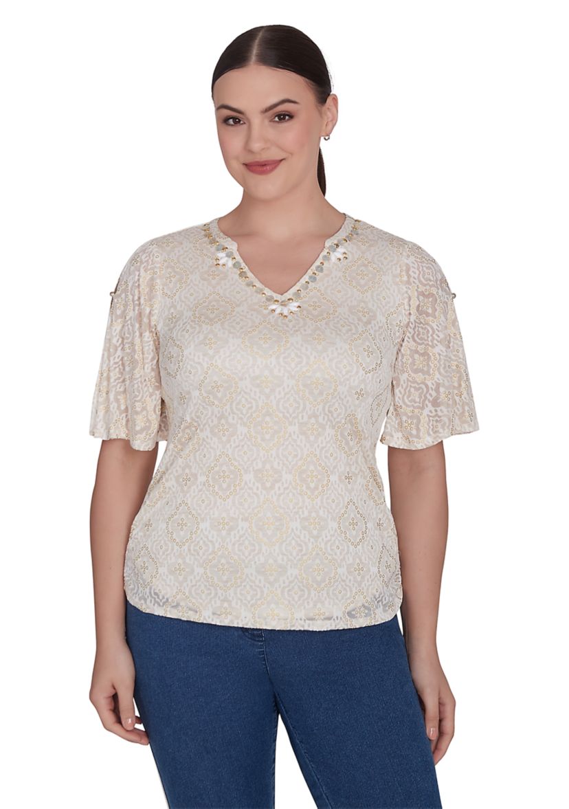 Womens Foil Printed Burnout Knit Top