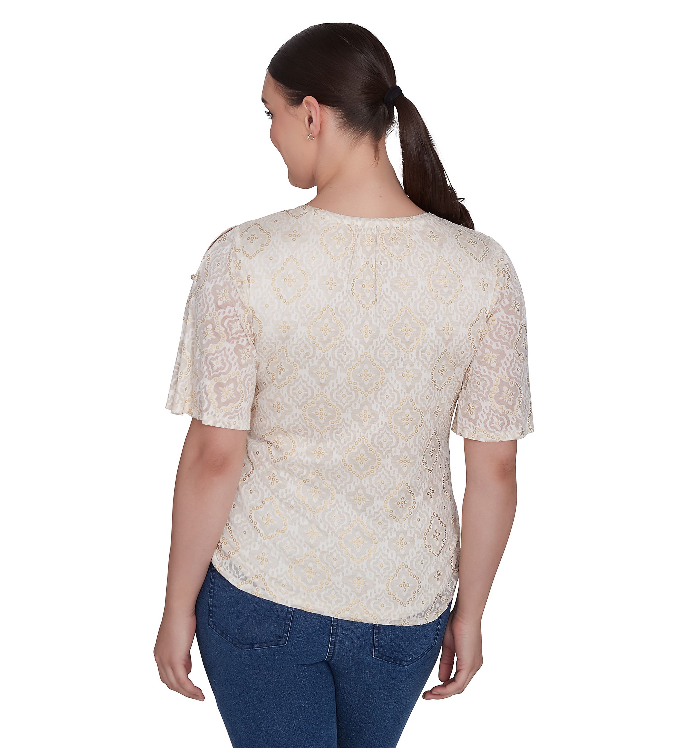 Womens Foil Printed Burnout Knit Top