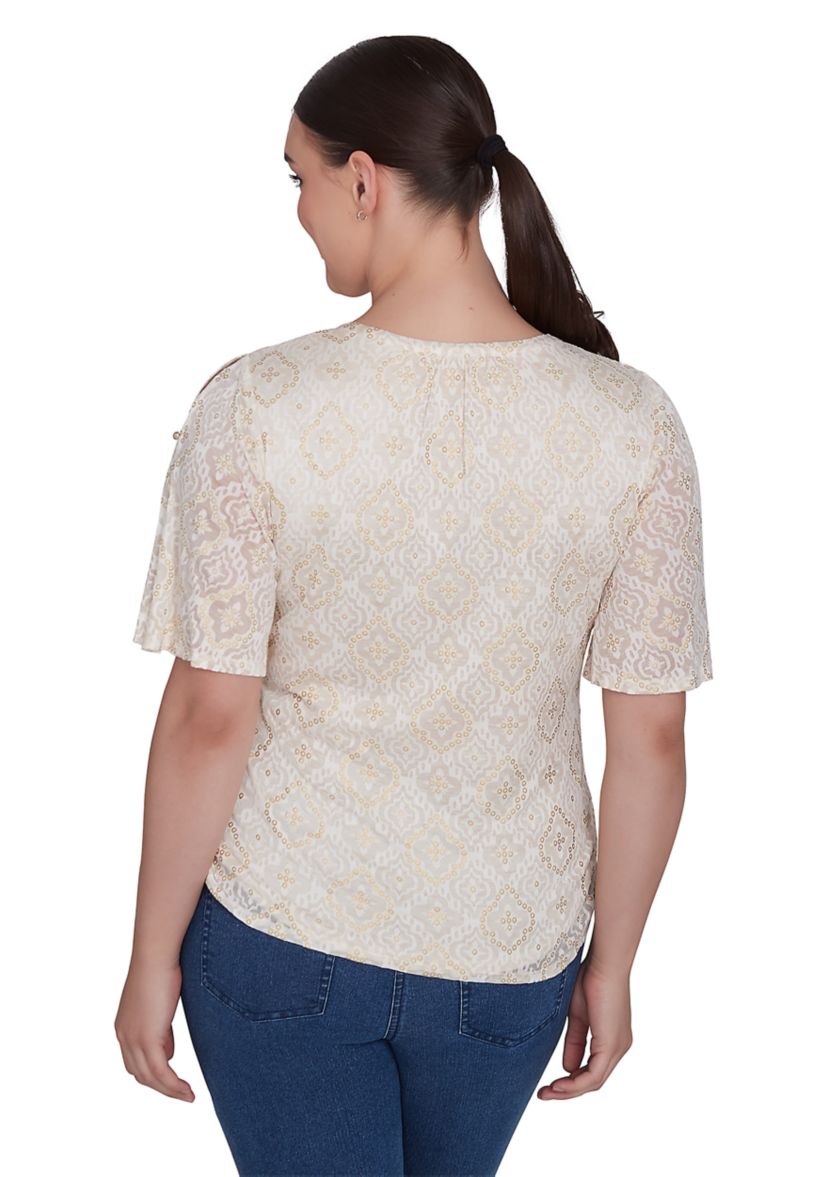 Womens Foil Printed Burnout Knit Top