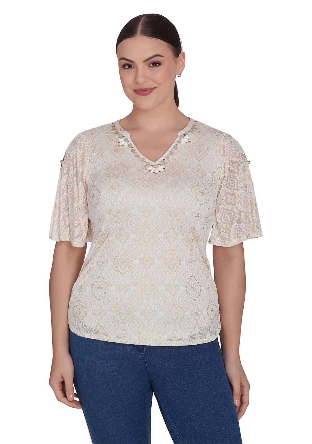 Petite Foil Printed Burnout Knit Top