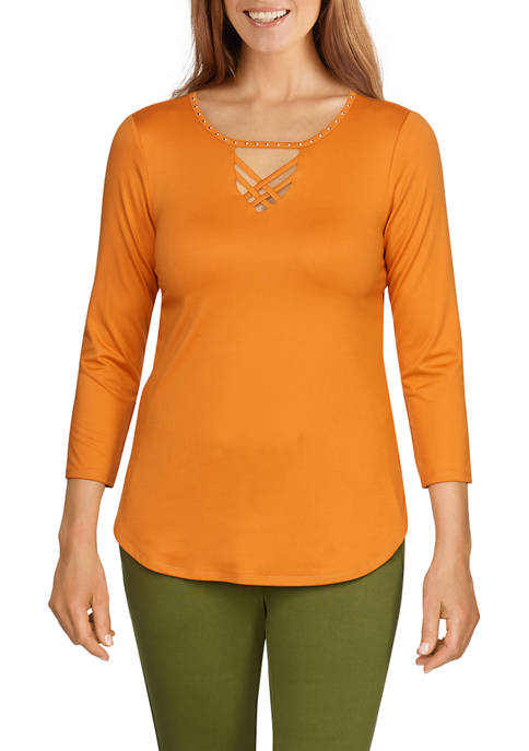 Ruby Rd Womens Embellished Solid Soft Peached Top