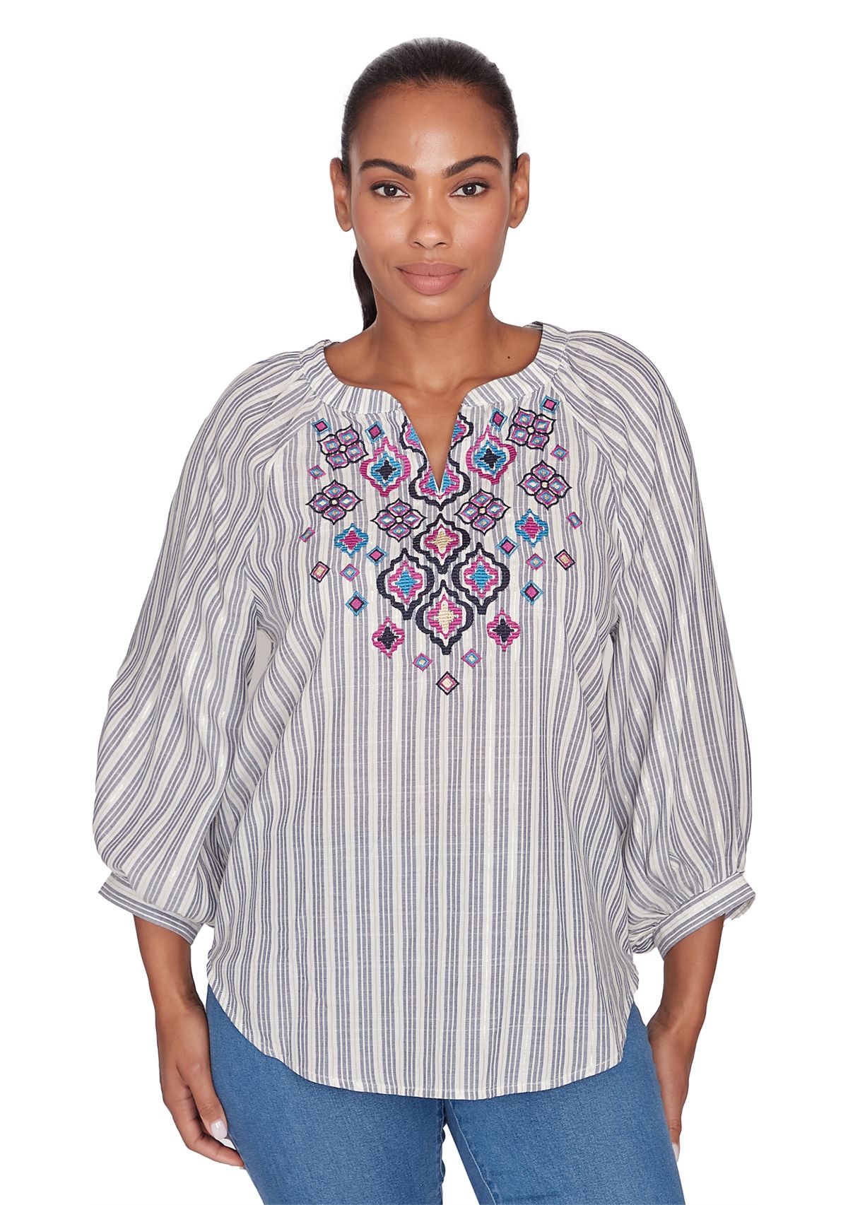 Plus Size Embroidered Cotton Blouse