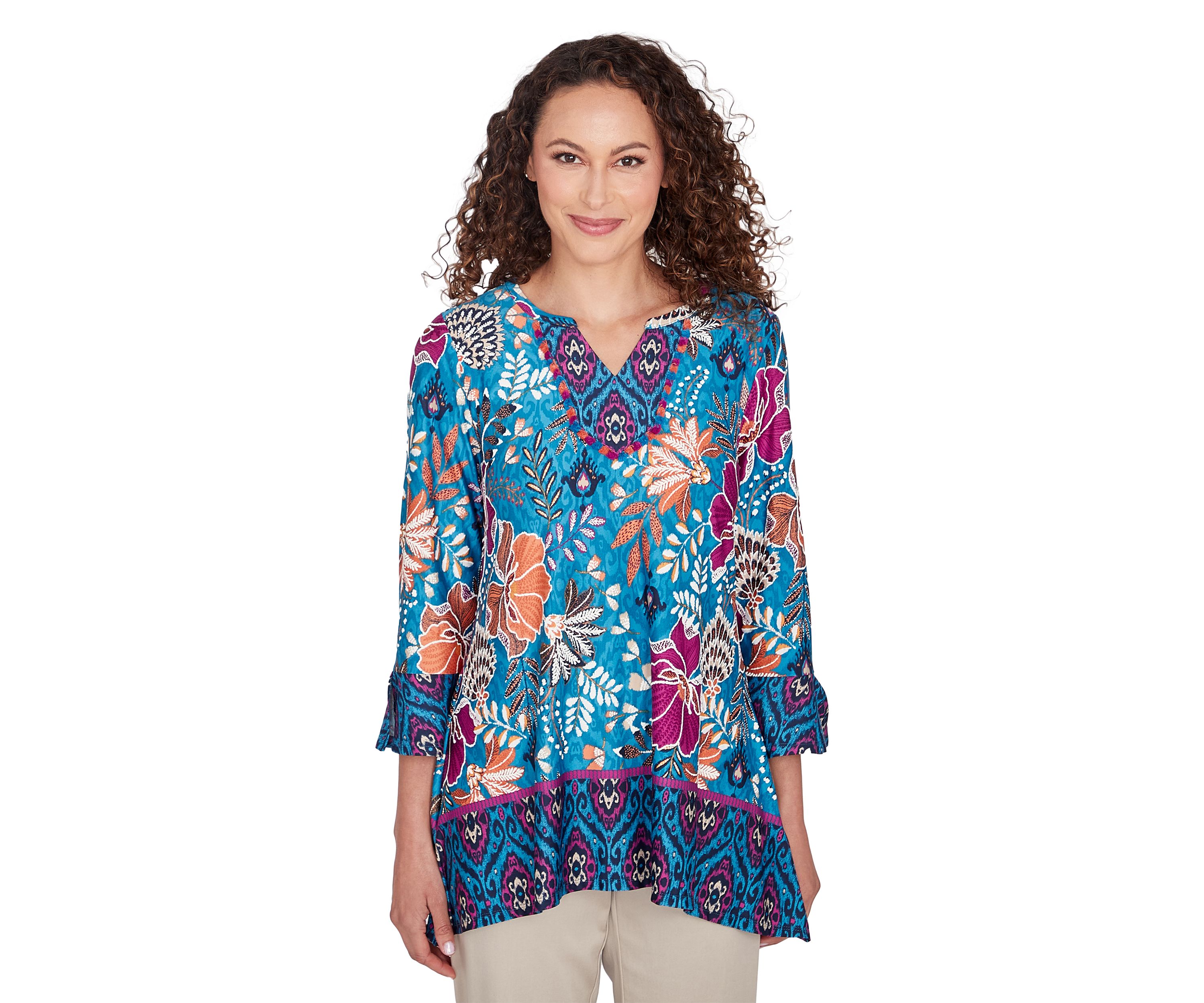 Womens Embroidered Floral Puff Print Knit Top