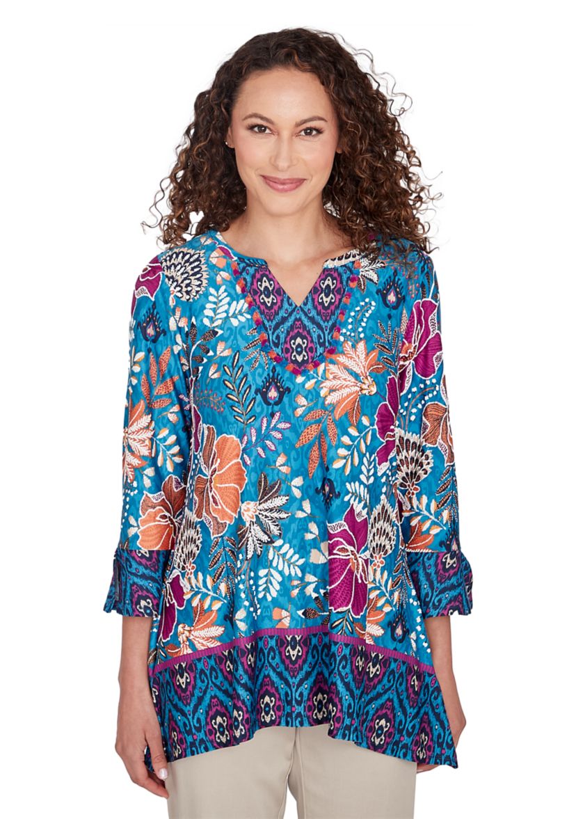 Womens Embroidered Floral Puff Print Knit Top