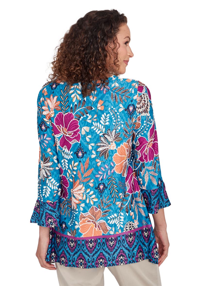 Womens Embroidered Floral Puff Print Knit Top