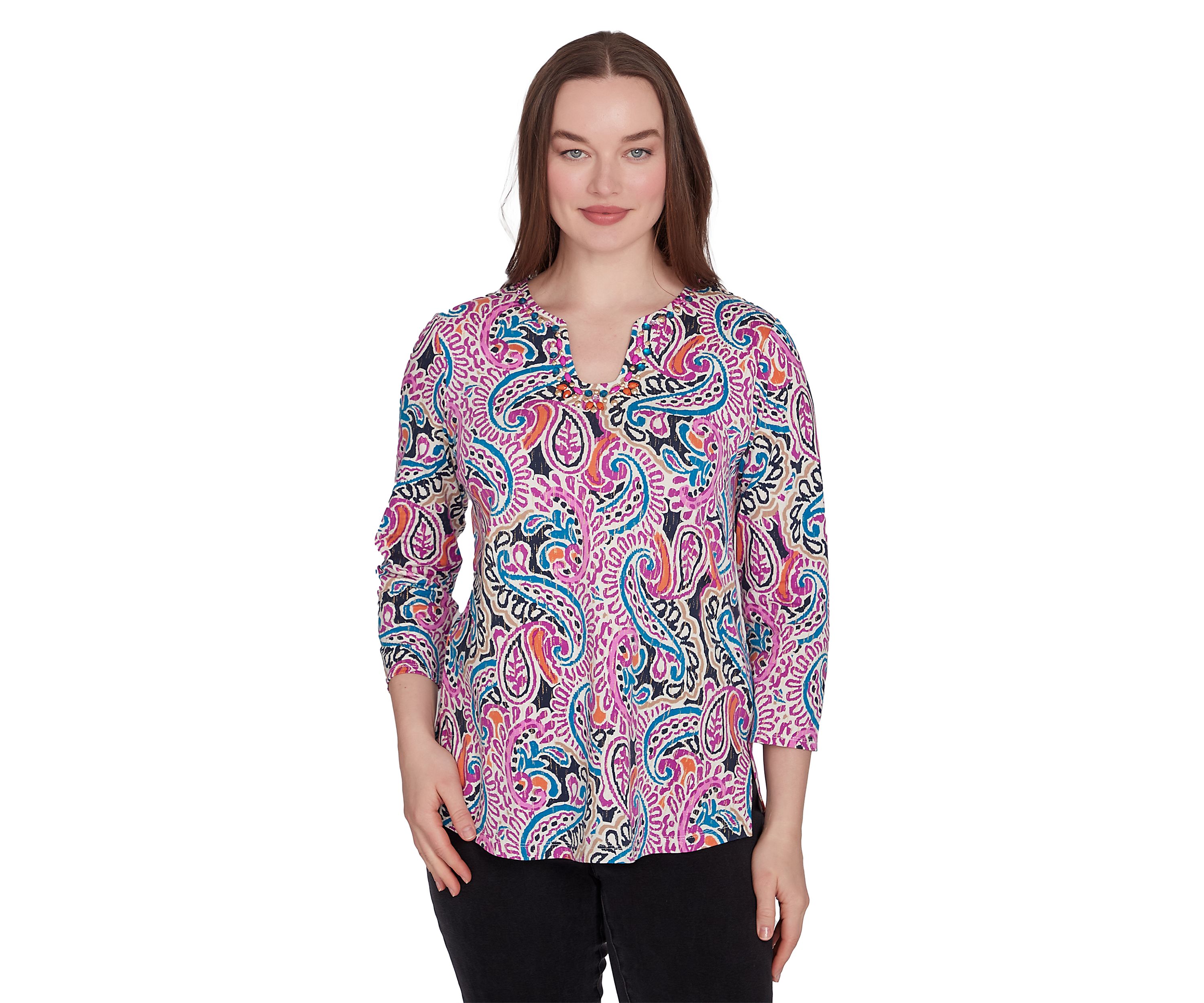 Womens Embellished Paisley Swirl Top