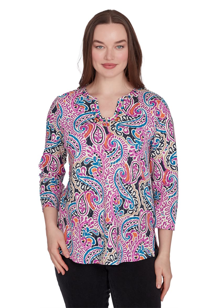Womens Embellished Paisley Swirl Top