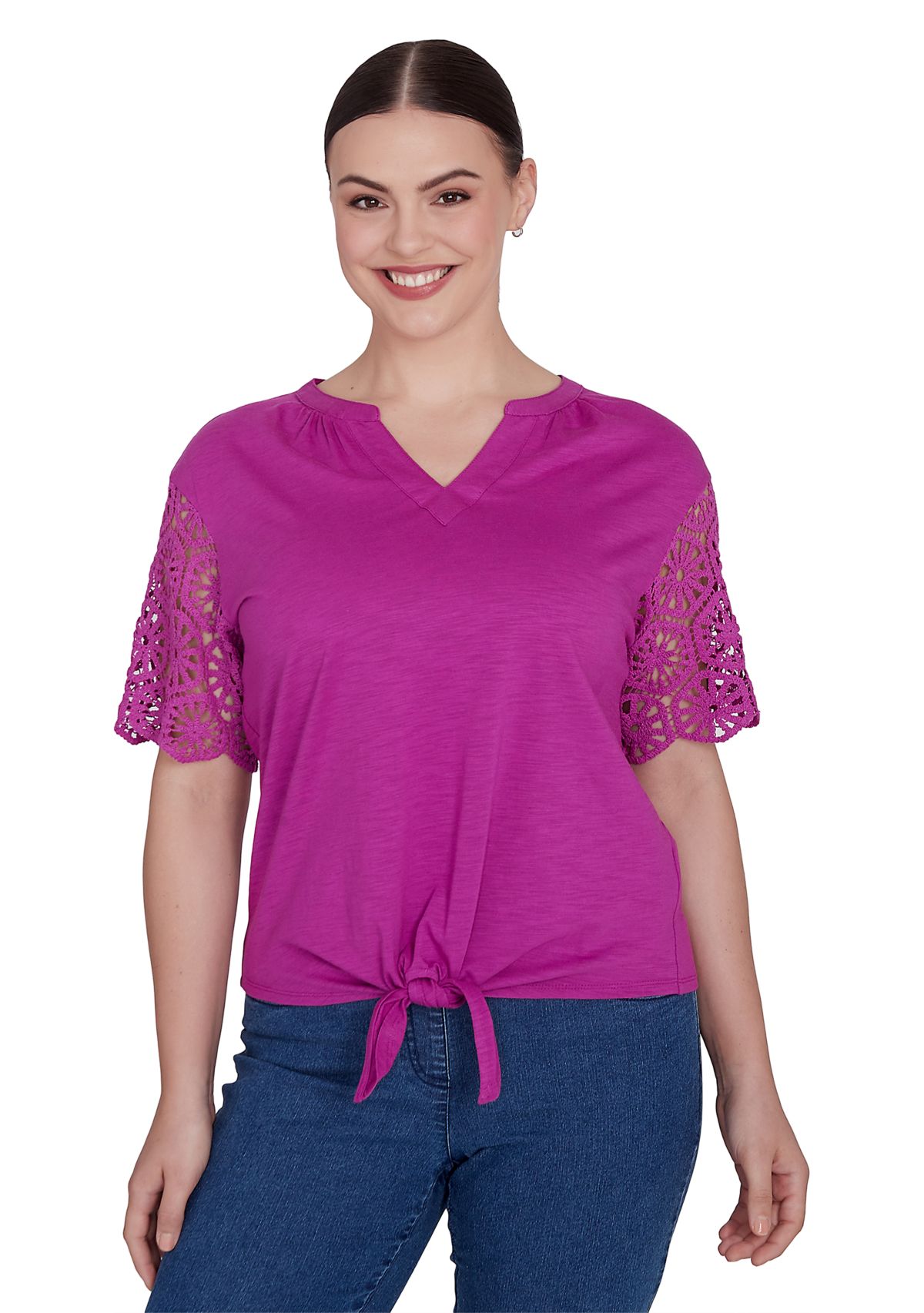 Womens Dahlia Lace Sleeve Tie Front T-Shirt