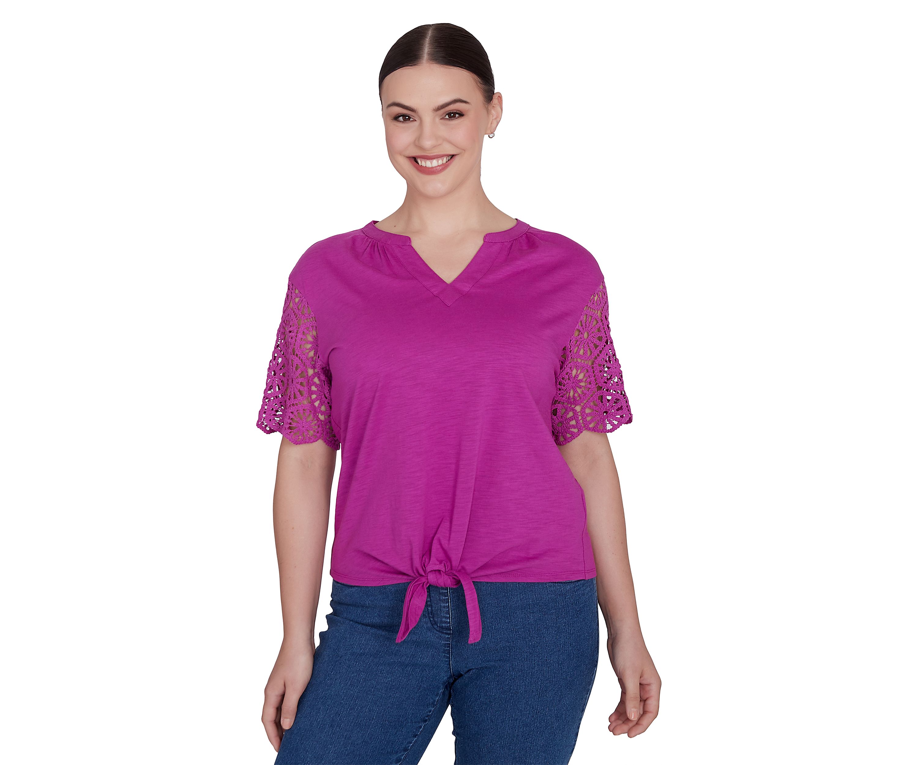 Womens Dahlia Lace Sleeve Tie Front T-Shirt