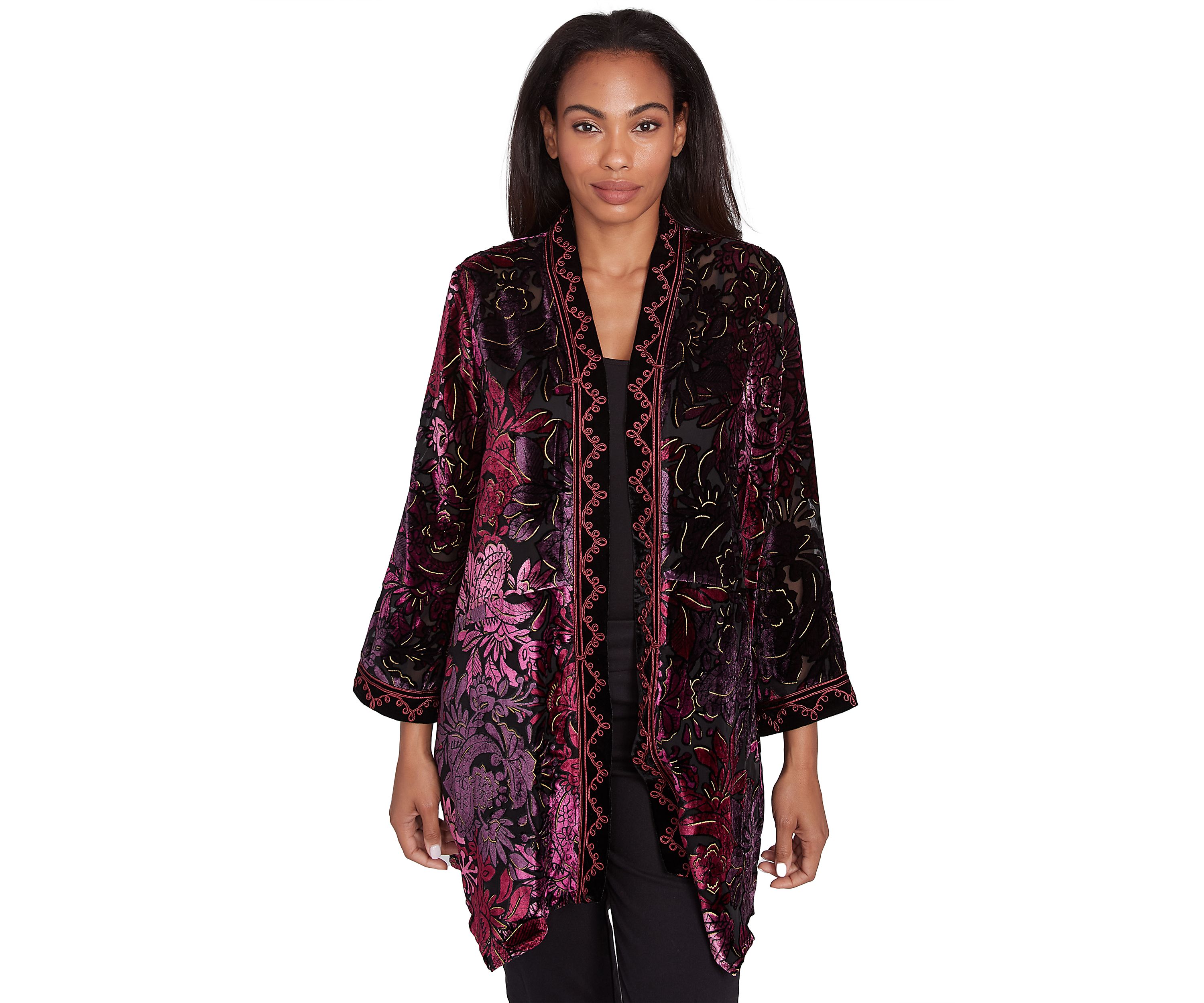 Womens Open Front Velvet Burnout Cardigan with Embroidered Trim
