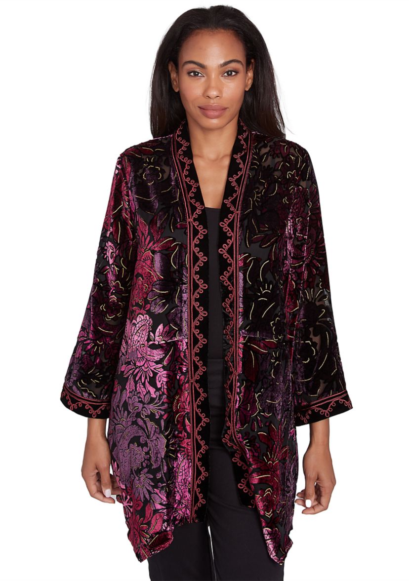 Womens Open Front Velvet Burnout Cardigan with Embroidered Trim