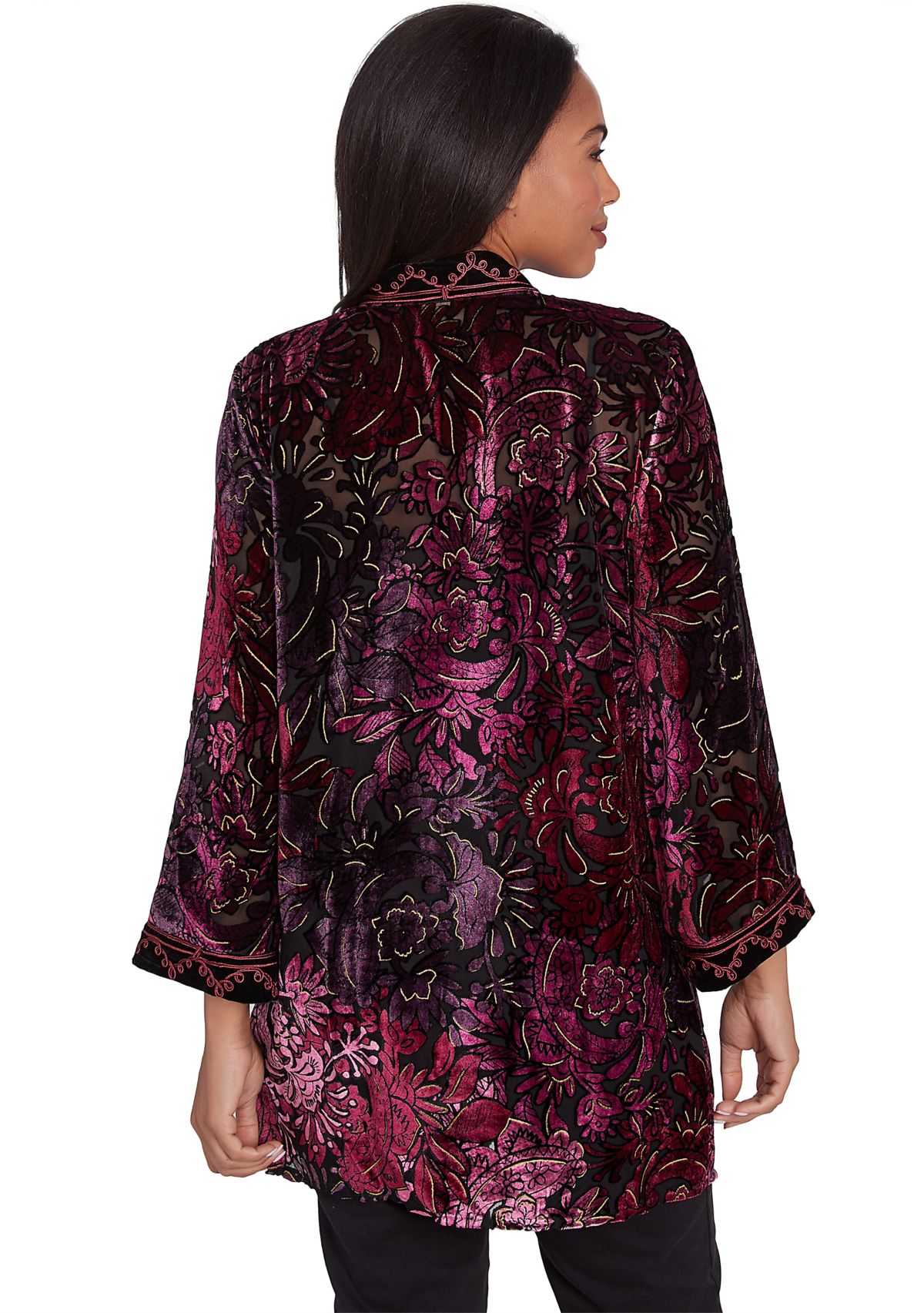 Womens Open Front Velvet Burnout Cardigan with Embroidered Trim