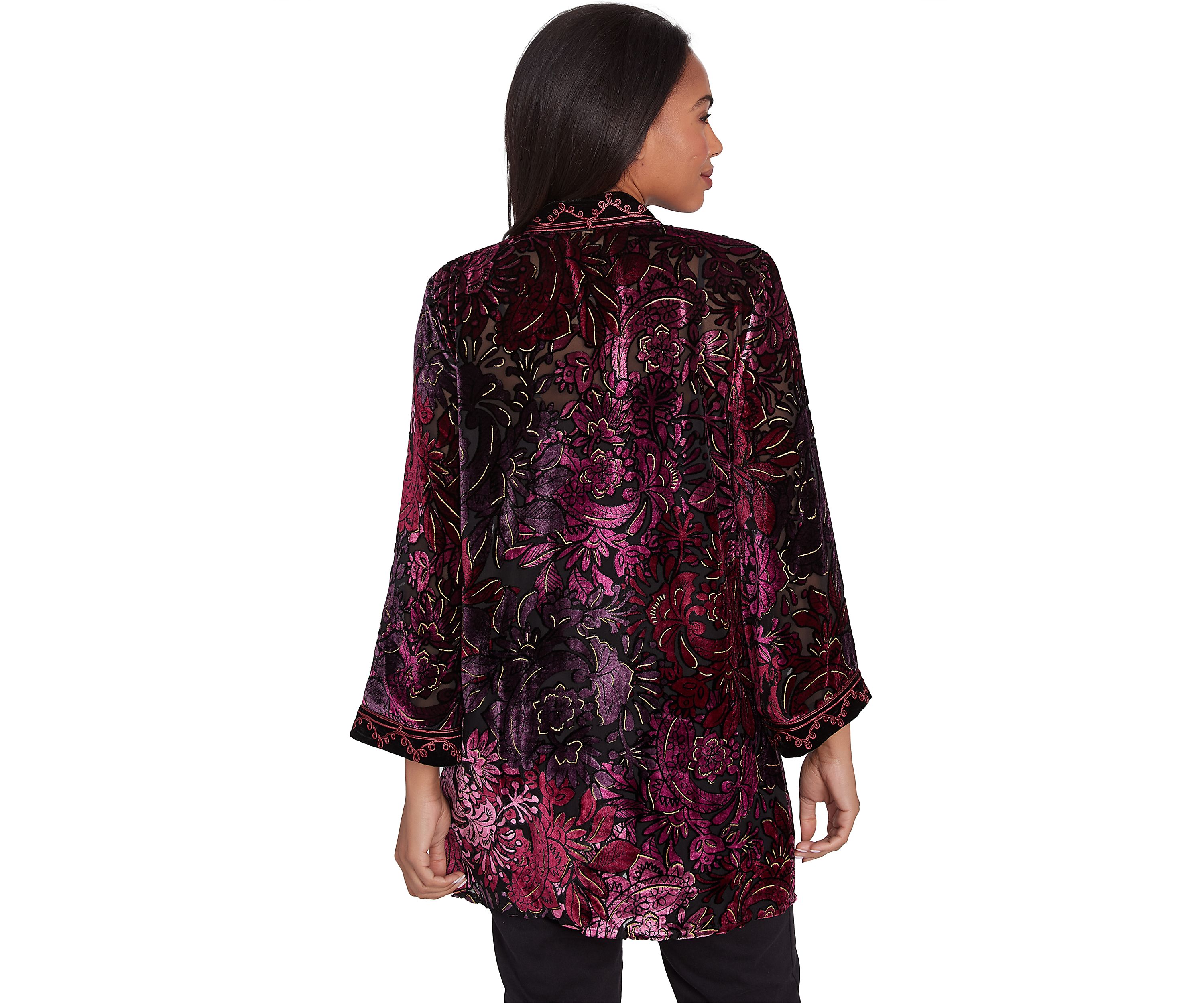 Womens Open Front Velvet Burnout Cardigan with Embroidered Trim