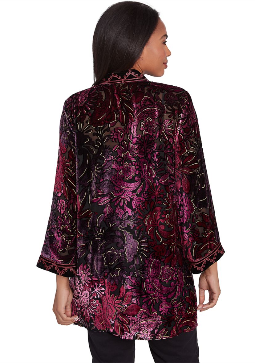 Womens Open Front Velvet Burnout Cardigan with Embroidered Trim