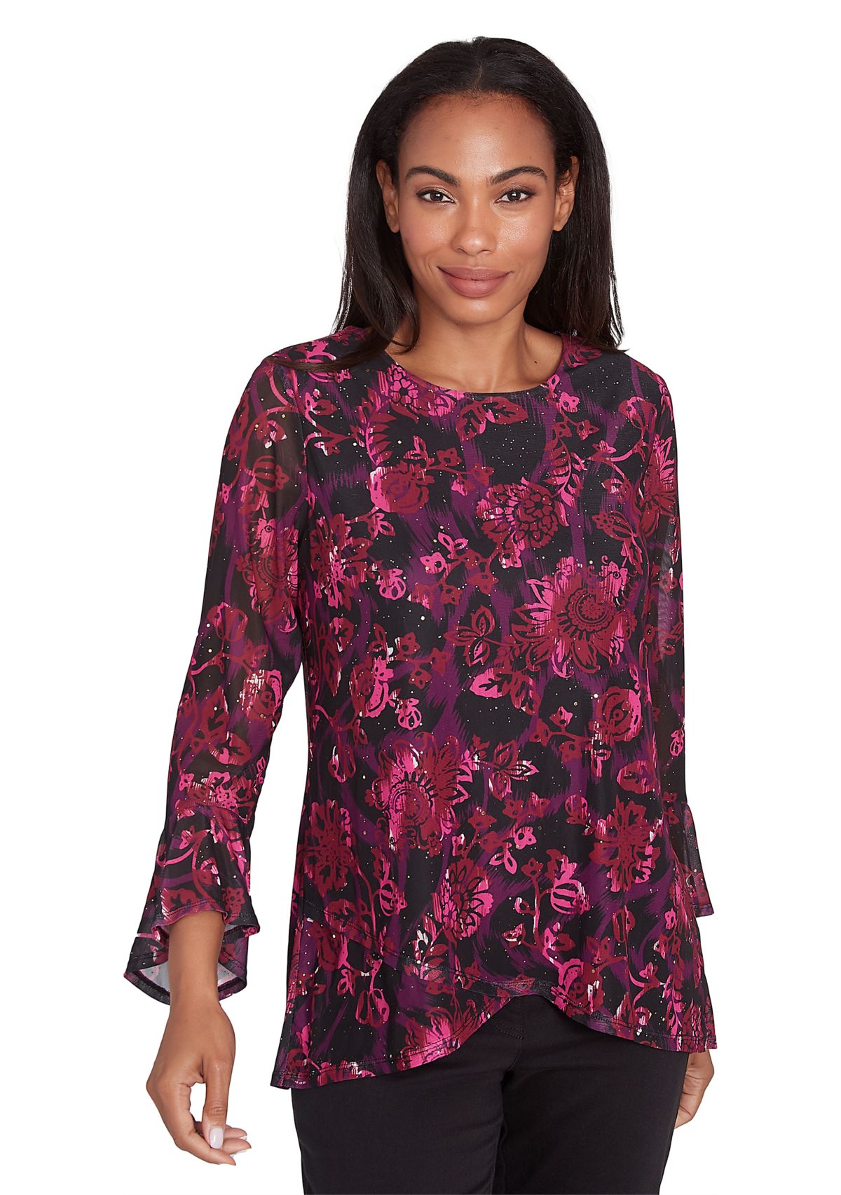 Womens Scoop Neck Floral Printed Mesh Top With Flounce Sleeves