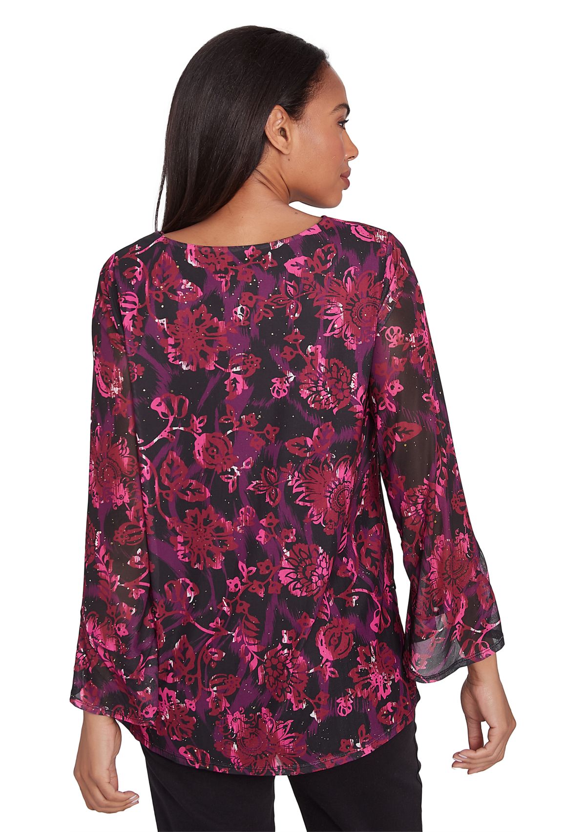 Womens Scoop Neck Floral Printed Mesh Top With Flounce Sleeves