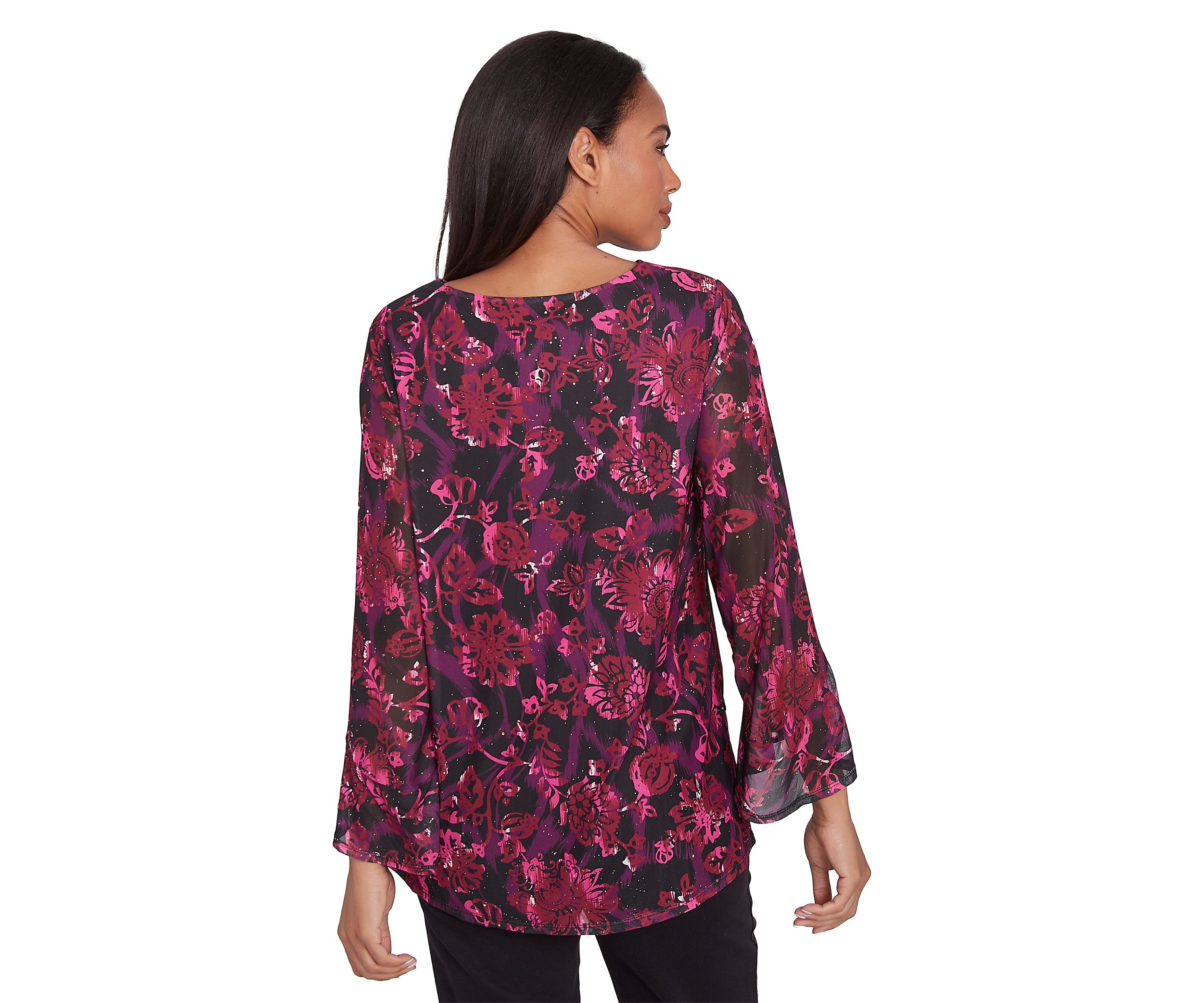 Womens Scoop Neck Floral Printed Mesh Top With Flounce Sleeves