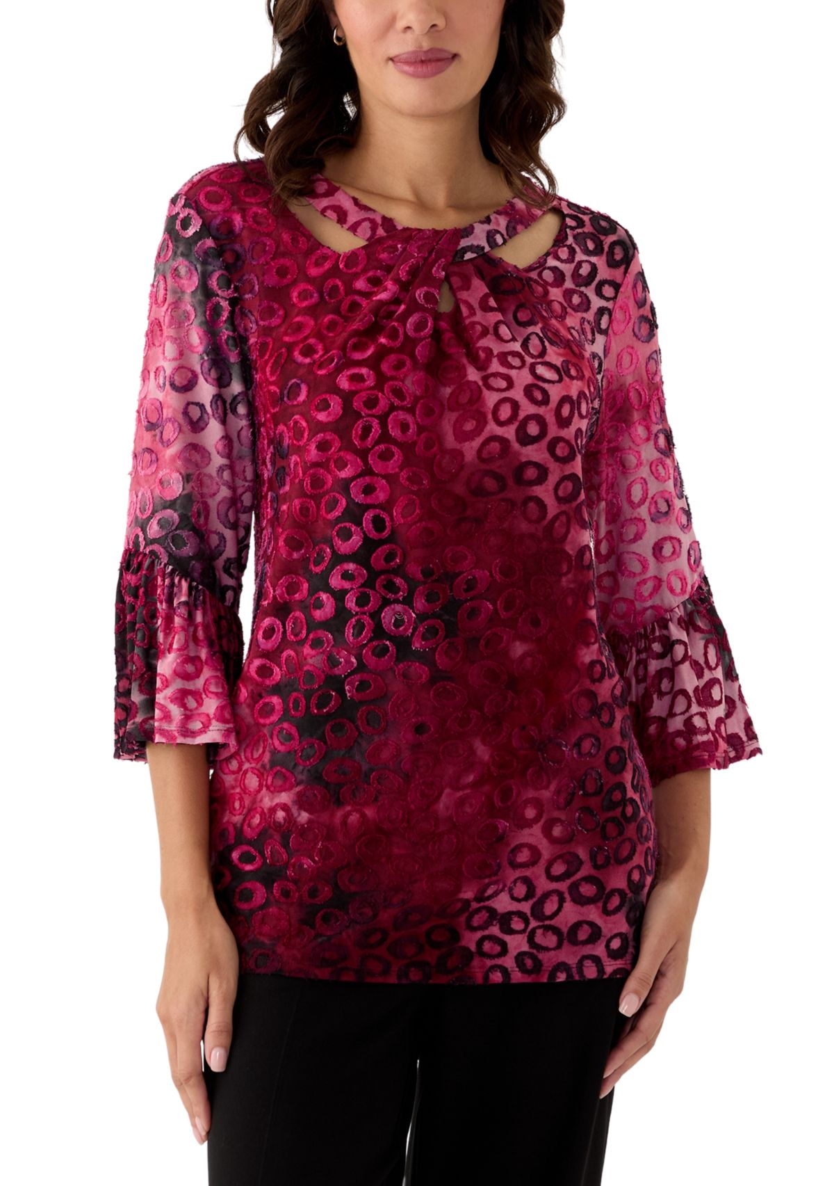 Womens Scoop Neck with Crisscross Tie Dye Spots Jacquard Knit Shark Bite Top