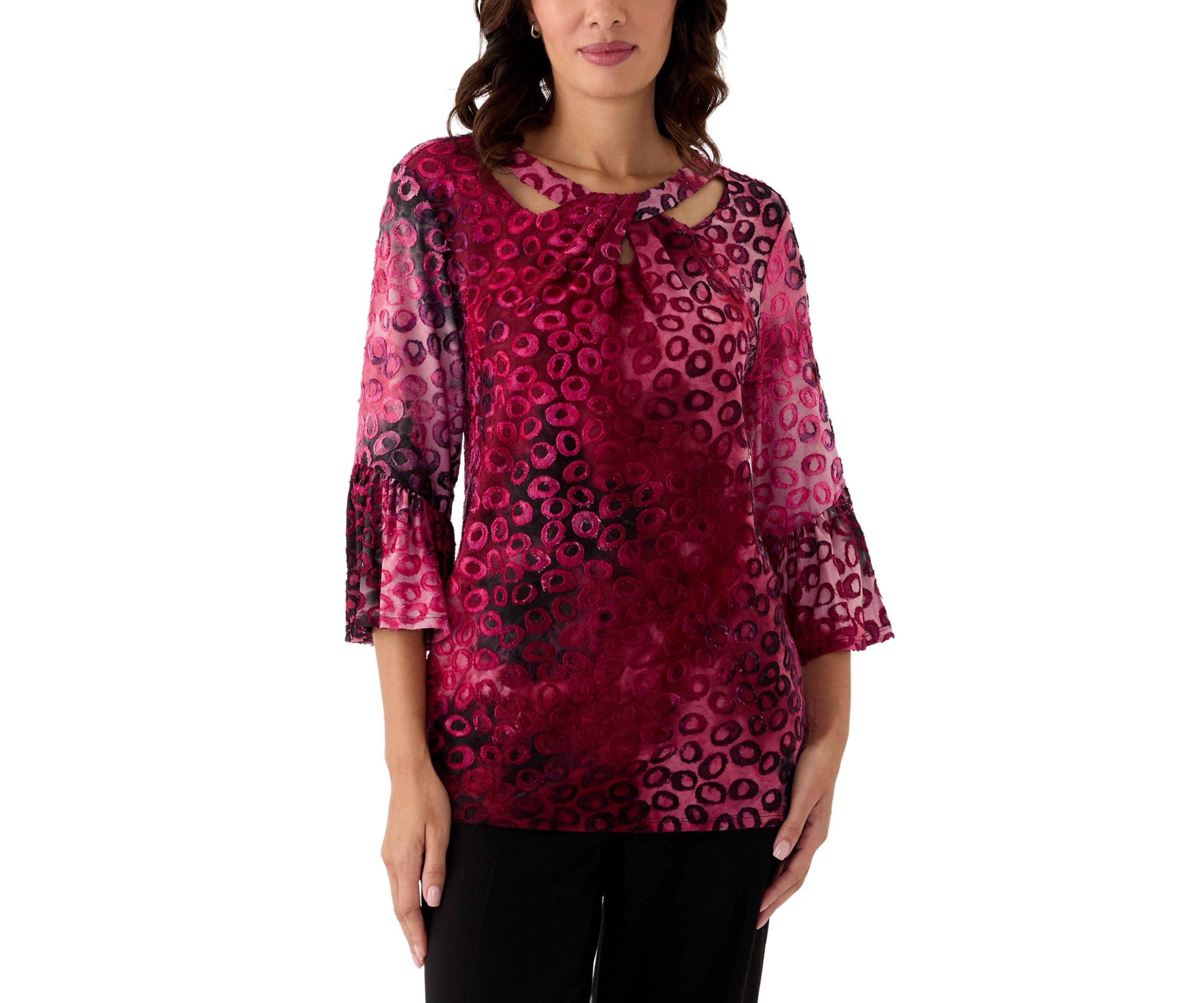 Womens Scoop Neck with Crisscross Tie Dye Spots Jacquard Knit Shark Bite Top
