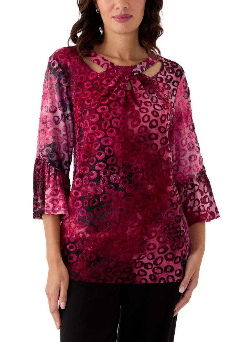 Womens Scoop Neck with Crisscross Tie Dye Spots Jacquard Knit Shark Bite Top