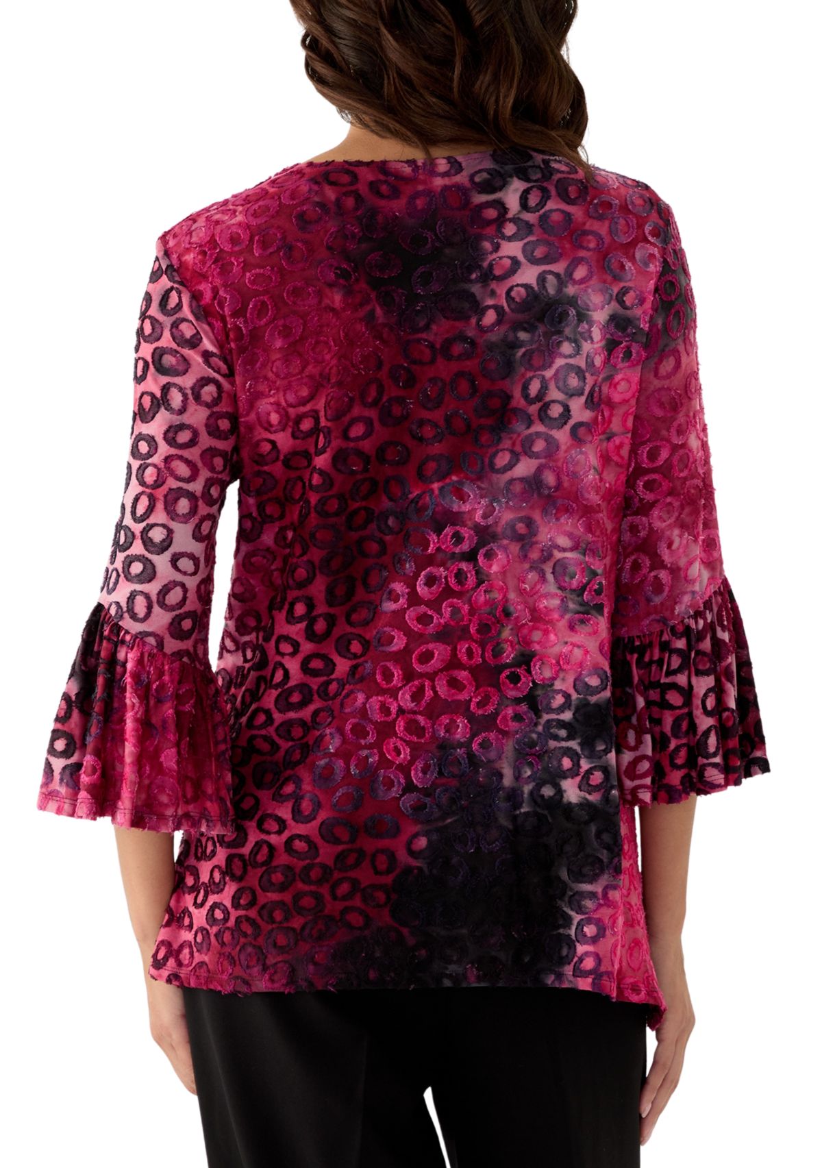 Womens Scoop Neck with Crisscross Tie Dye Spots Jacquard Knit Shark Bite Top