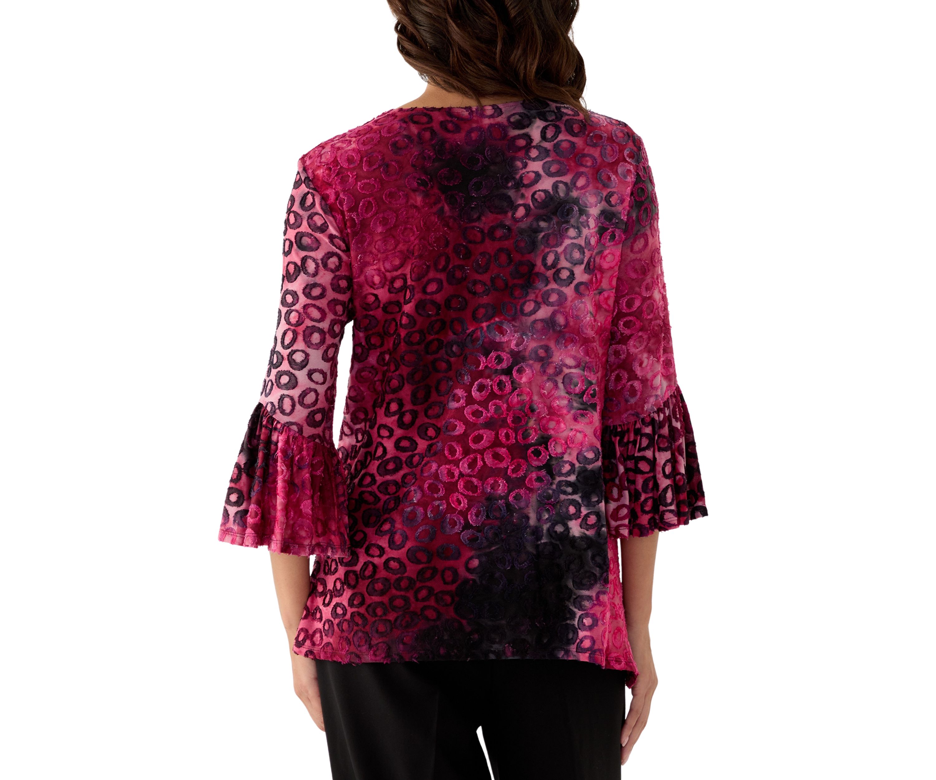 Womens Scoop Neck with Crisscross Tie Dye Spots Jacquard Knit Shark Bite Top