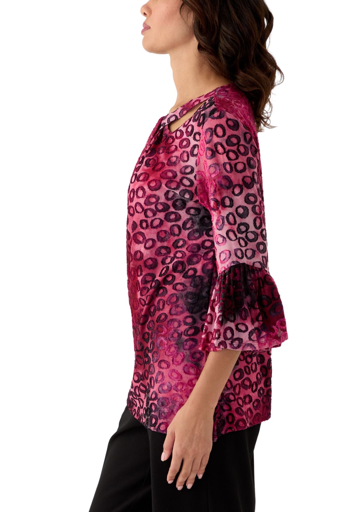 Womens Scoop Neck with Crisscross Tie Dye Spots Jacquard Knit Shark Bite Top