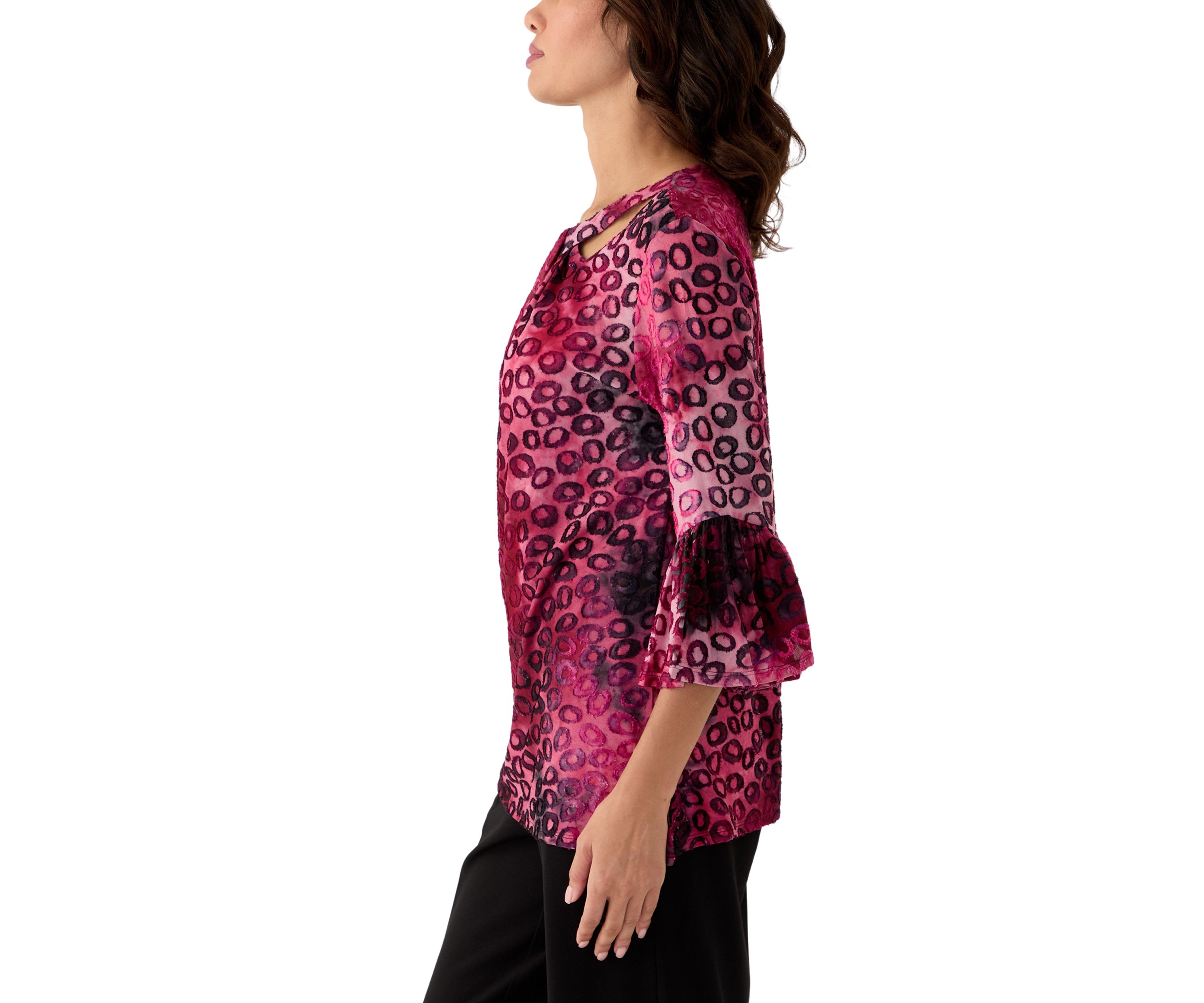 Womens Scoop Neck with Crisscross Tie Dye Spots Jacquard Knit Shark Bite Top
