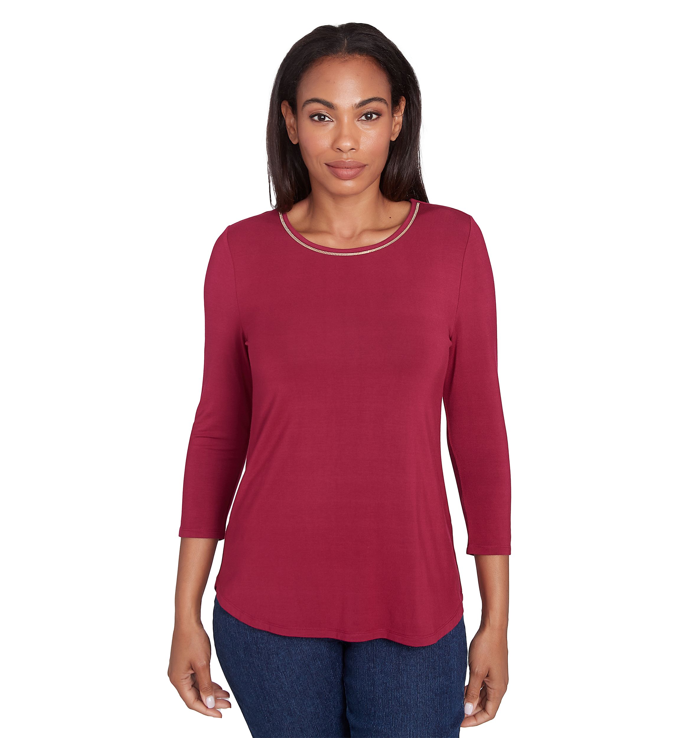 Womens Micro Bead Chain Embellished Stretch Knit Solid Top
